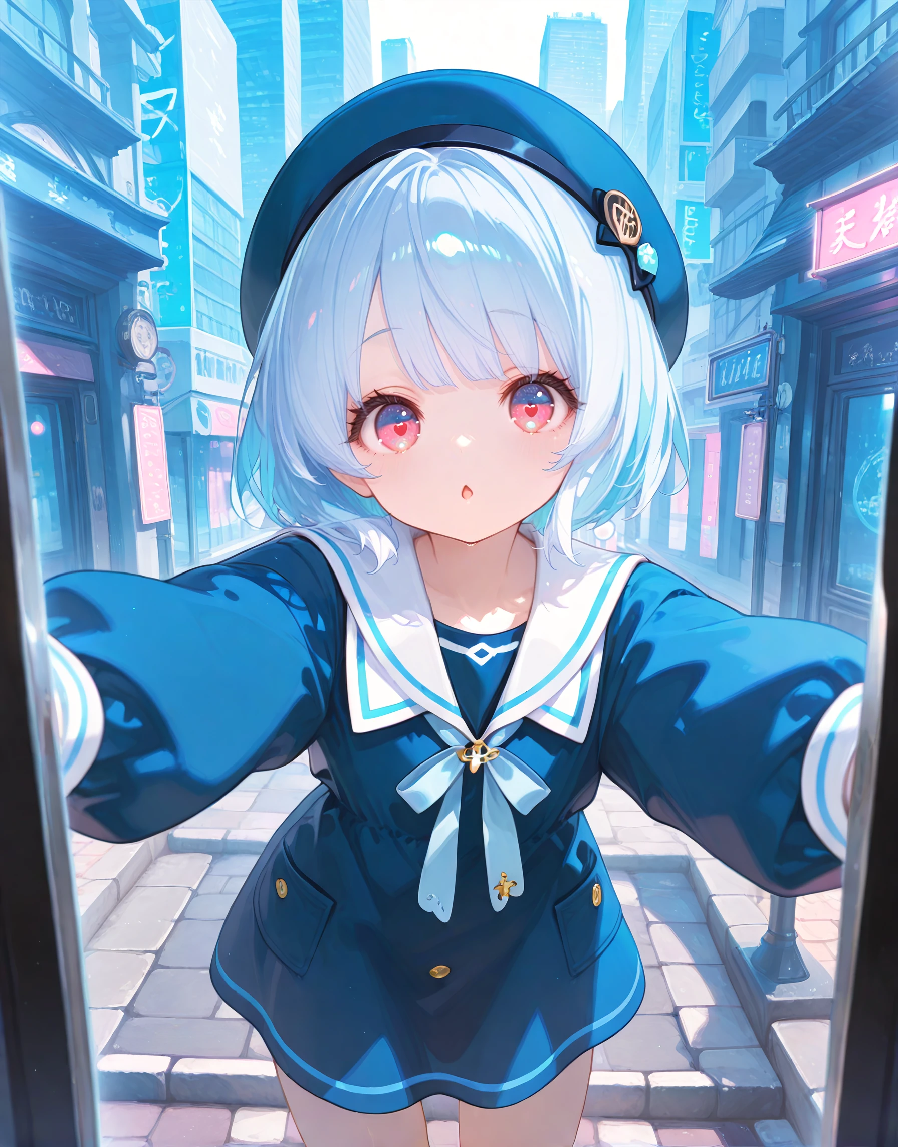 masterpiece, best quality, good quality, newest, highres, absurdres,
BREAK
detail background, very awa, absolutely eye-catching, illustration, CG,
BREAK
perfect composition, eye reflection, eyelashes, 
BREAK
1girl, pretty girl, cute,
looking at viewer,
periwinkle hair, blue sailor dress, white sailor collar, long sleeves, blue beret, chestnut mouth, outdoors, city, looking at viewer, depth of field, cowboy shot, foreshortening,
masterpiece, best quality, amazing quality,
