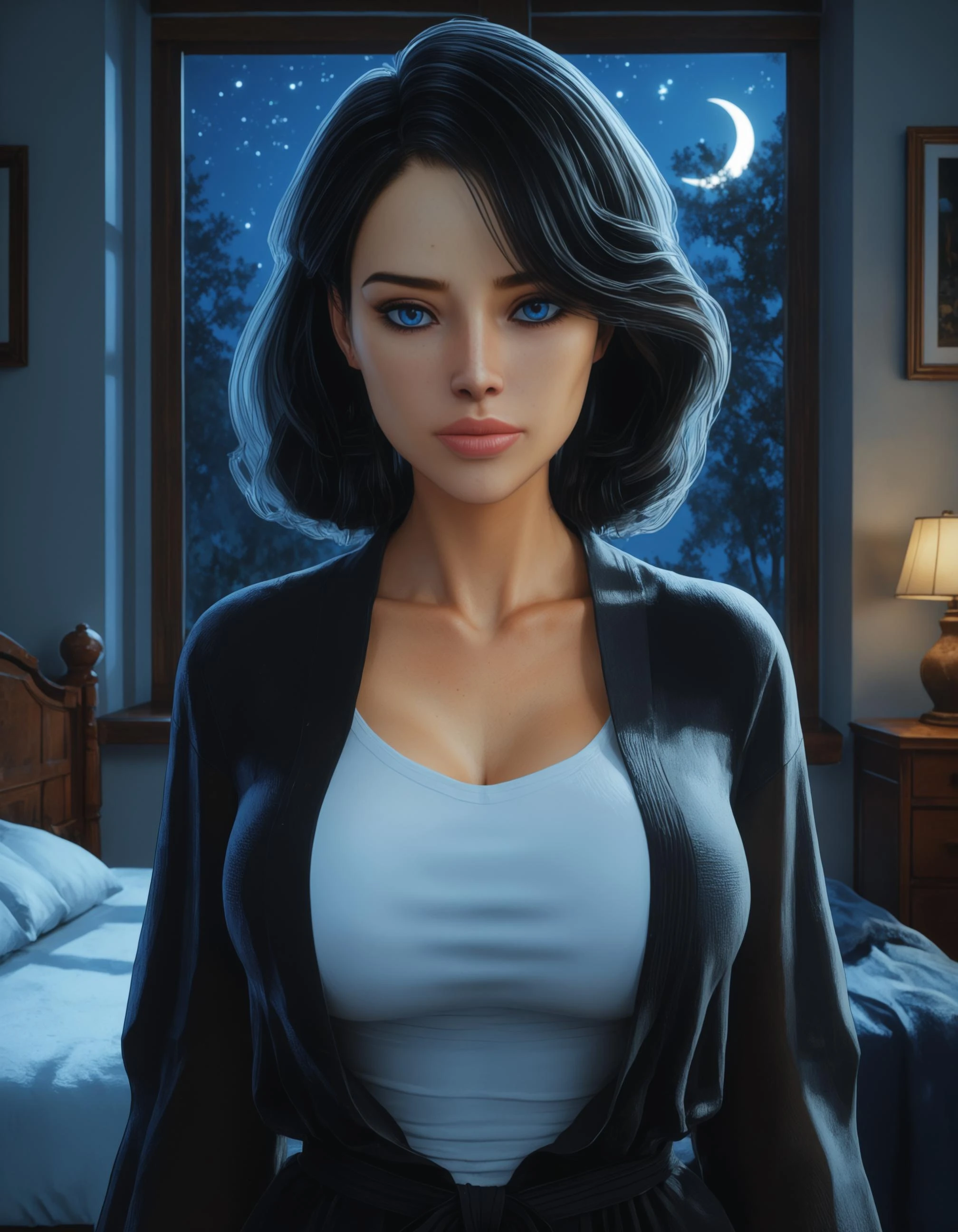 masterpiece, best quality, highres, absurdres, lindamcty, mature female, solo, medium hair, black hair, blue eyes, upper body, straight-on, loking at viewer, closed mouth, black robe, open robe, white shirt, taut shirt, long sleeves, indoors, bedroom, bed, nightstand, window, night, night sky, starry sky, moonlight, crescent moon, tree