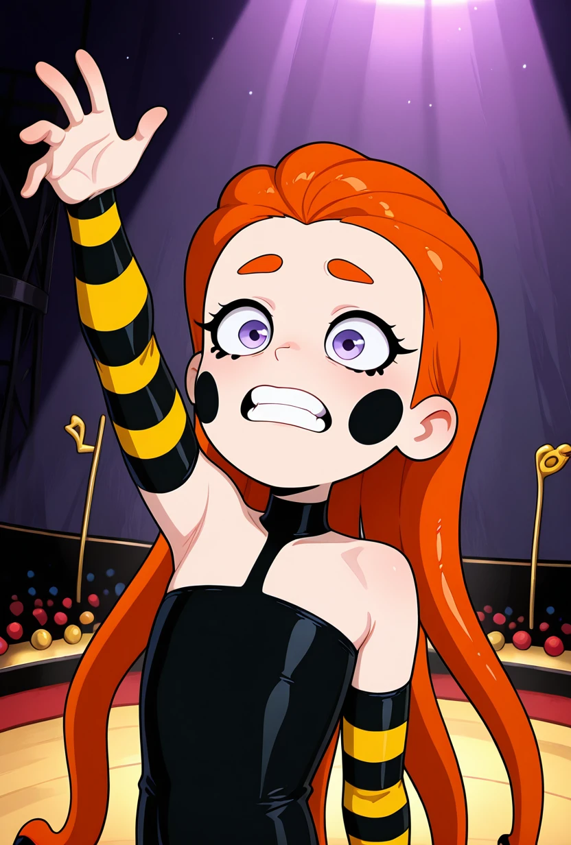 Beautiful clownness, red hair, hairstyle ponytails, huge sexy lush breasts, beautiful waist, cute face, green eyes, correct facial features, holds a microphone in her hand, 3D rendering, hyper-detailing, hyperrealism