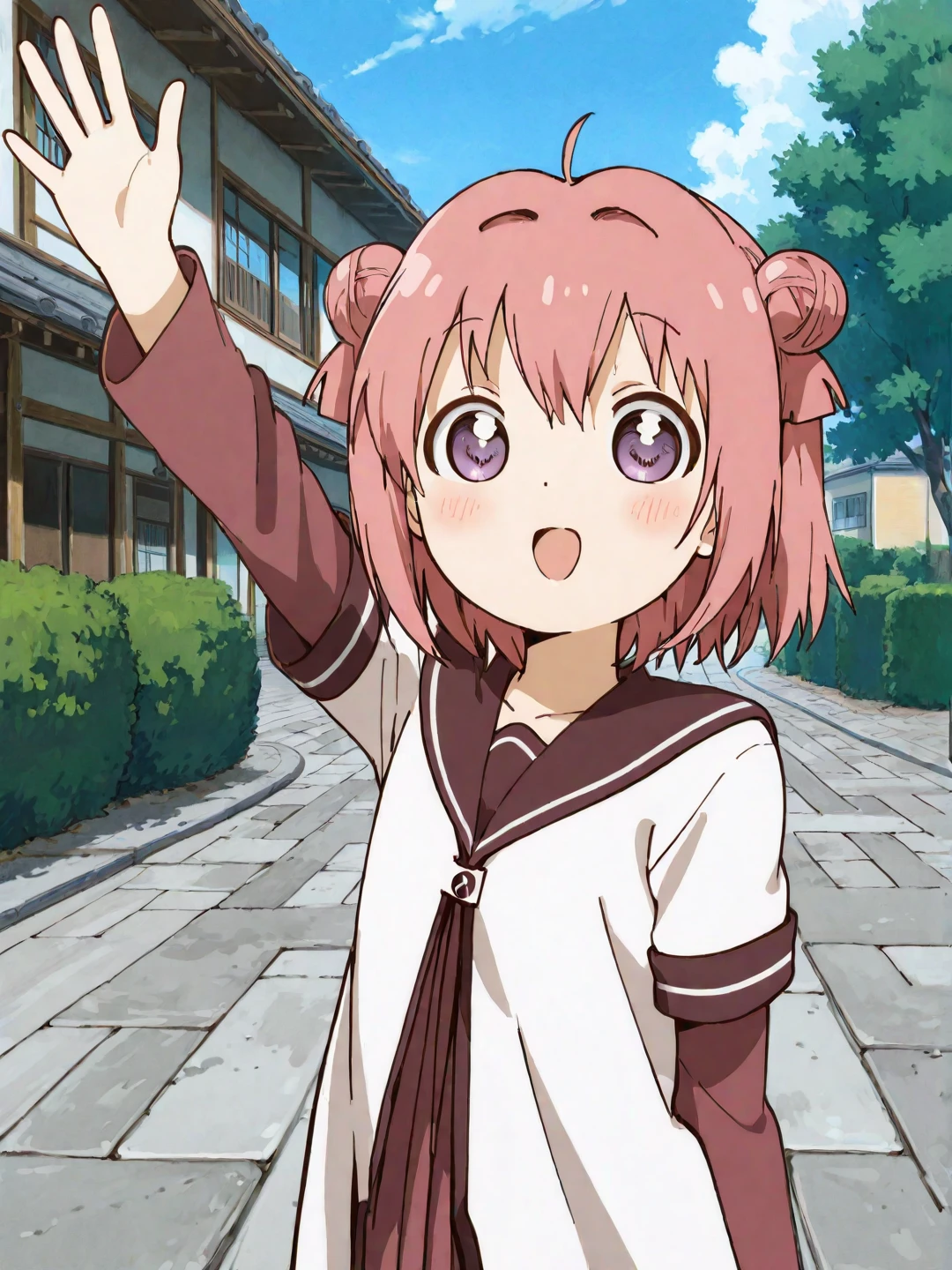 <lora:ST_Yuru_Yuri_0R:1>, yuruyuristyle, <lora:CC_Detail_Tweaker_1:1>
akaza akari, purple eyes, pink hair, short hair, double bun, ahoge
nanamori school uniform, white shirt, brown sailor collar, short over long sleeves, maroon skirt
masterpiece, best quality, amazing quality, absurdres, highres, detailed background, anime style, anime coloring
1girl, (detailed eyes:1.2), (detailed face:1.2), detailed skin
looking at viewer, blush, smile, open mouth, waving
(outdoors, japan, toyama, toyama prefecture, town, school, park, bush, tree, street, stone floor, house)