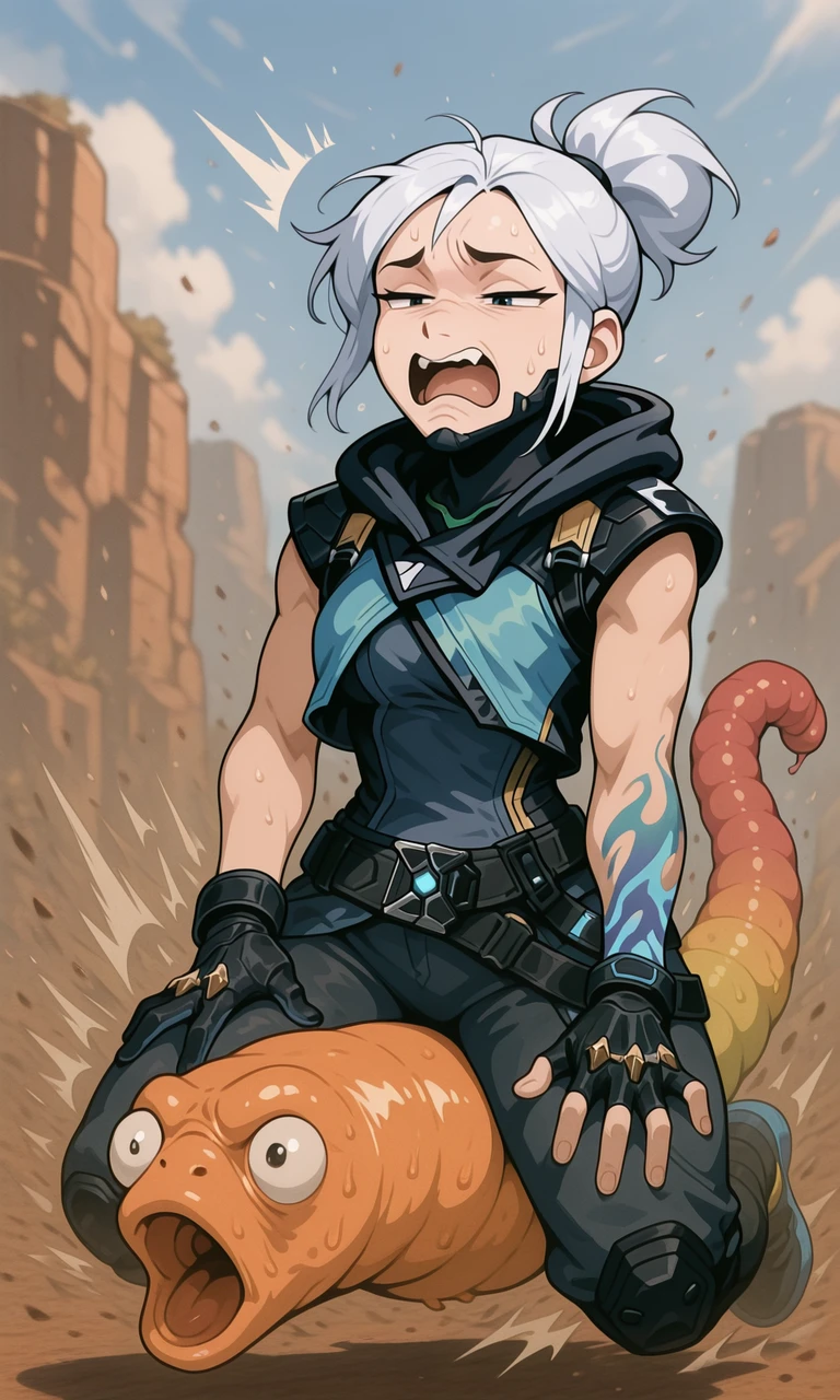 embedding:IllusP0s, cringe, half-closed eyes, open mouth, riding gummy worm, reigns, jett_\(valorant\), 1girl, solo,<lora:goose ambush_illustrious.safetensors:1.0:1.0> <lora:cringe, half-closed eyes, open mouth, clenched teeth_Illustrious.safetensors:1:1>