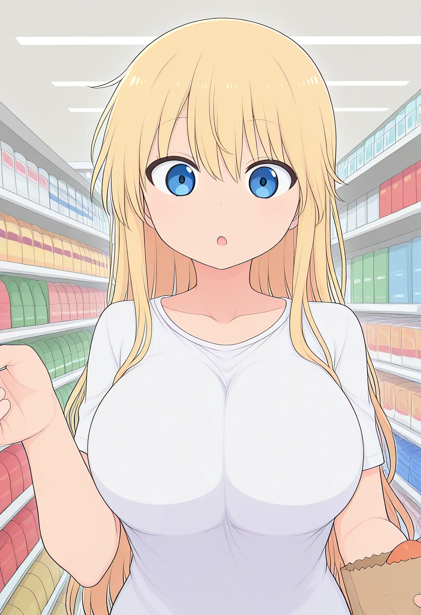 1girl, solo, upper body, white t-shirt, shopping, grocery store, intricate details, masterpiece, best quality, absurdres