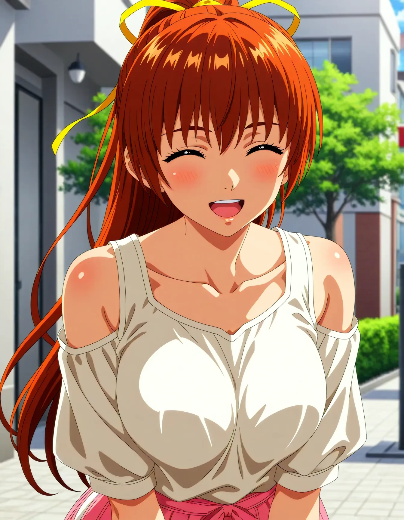 <lora:dmd2_sdxl_4step:1>,official style,masterpiece,best quality,newest,very aesthetic,highly detailed,high resolution,absurdres,highres,depth of field,super detailed skin,very awa,Anime,anime coloring,anime screencap,<lora:kasumi_V1:0.8>,kasumi \(doa\),smile,casual,laughing,