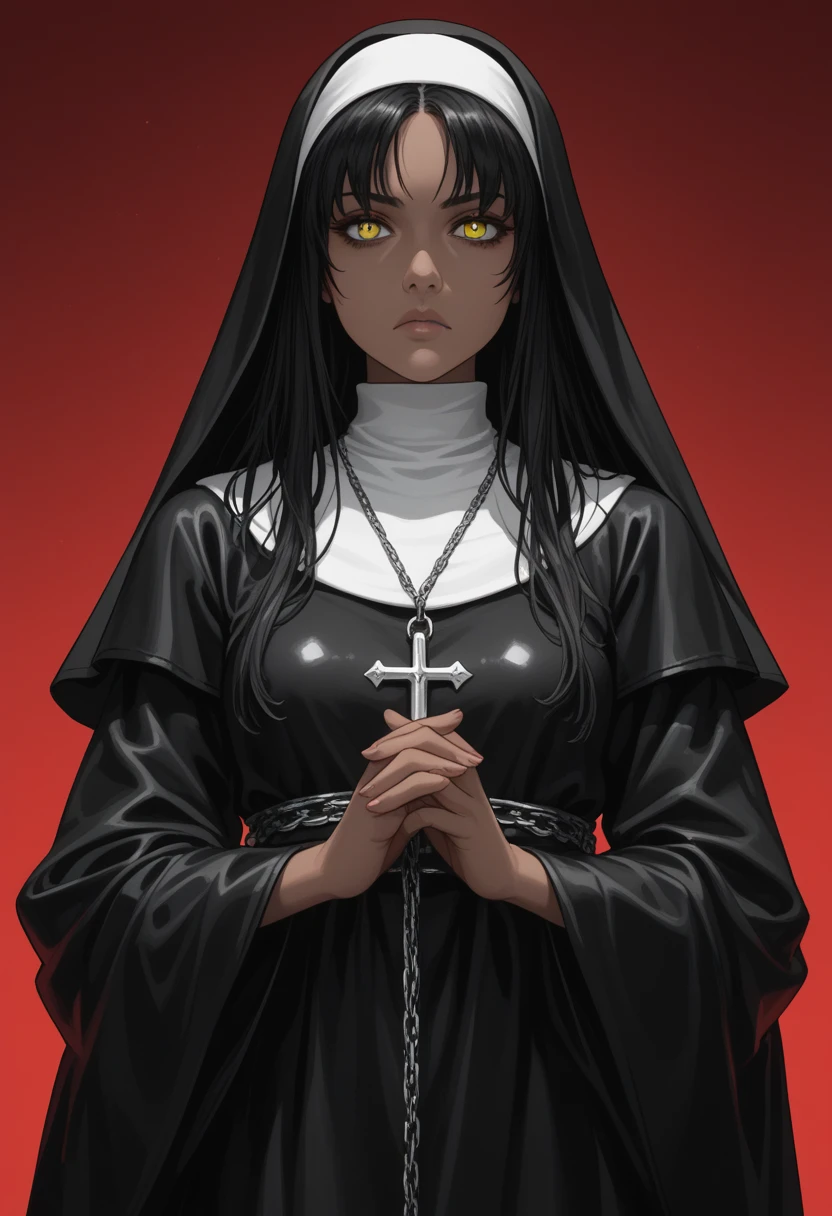 **masterpiece, score_9, score_8_up, hyper-detailed, 8K, full body illustration, regal medieval clothing, robe, long black hair, chromecore, red background, sinozick style, flat color, simple background, dark and blue tones, vibrant colors, colorful, expressionless, yellow eyes, serious, dark vibes, dark fantasy, armor details, monochrome highlights, dark-skinned female, gradient effects, mythp0rt, polished textures, dramatic lighting, surreal elegance, intricate details, minimalistic backdrop, striking composition, ethereal glow, moody aesthetic** morimee_style, cute face, nun,latex,bdsm outfit, sinozick style, flat color, dark theme