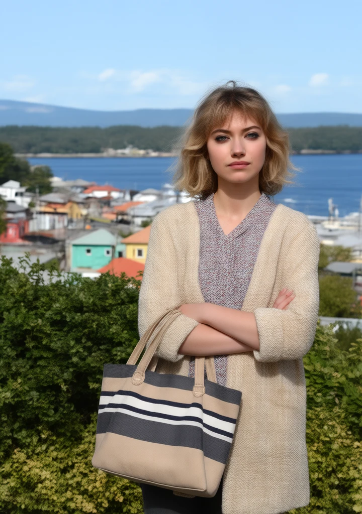 This photograph captures a woman standing on a hillside overlooking a picturesque town. The woman, positioned in the foreground, has shoulder-length blonde hair and is wearing a light-colored, textured cardigan over a patterned blouse with a white base and small, colorful designs. She holds a large, tan handbag with navy blue and white stripes in her right hand. Her expression is neutral, and she stands with her arms crossed.
In the background, the town sprawls out below, featuring a mix of pastel-colored buildings with green and red roofs. The buildings are low-rise and appear to be residential or small-scale commercial structures. The town is situated near a large body of water, likely a river or lake, which is visible in the middle distance. The water is a calm blue, reflecting the sky above. The horizon is lined with trees, indicating a lush, green environment.
The photograph has a clear, bright quality, suggesting it was taken during the day with good lighting conditions. The overall scene conveys a sense of tranquility and a scenic, rural setting.