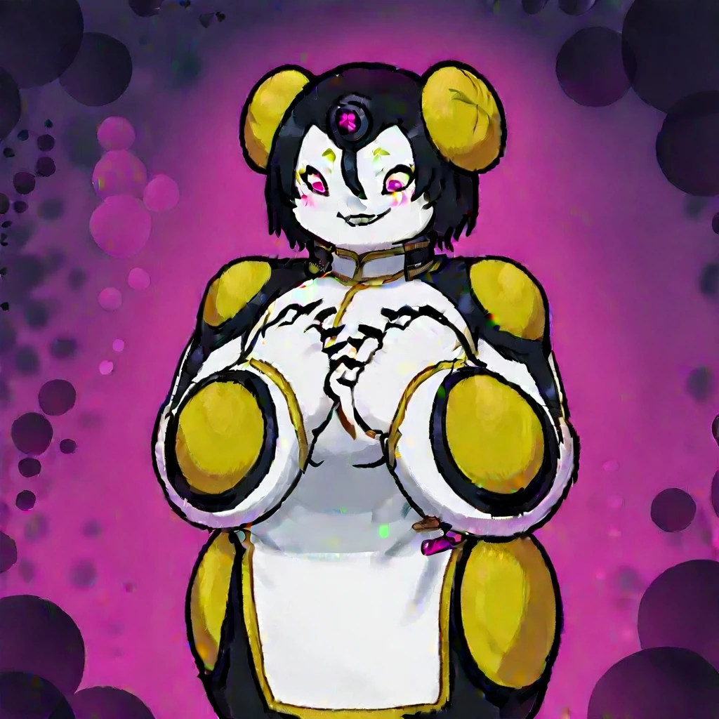 easynegative, Expressiveh, masterpiece, best quality, score_9, score_8_up, score_7_up, anime style, source_anime, extremely beautiful female, 1girl, solo, (gigantic breasts, breasts, thick thighs, wide hips, huge ass, hourglass body, extreme curvy and thick, very voluptuous, huge ass, bubble but, huge nipples, covered nipples, venus body type), ultra-detailed portrait, standing, motion lines, dynamic lighting, muffetSDXL, Muffet (undertale), lavender skin, monster girl, five eyes, pigtails, six arms, multiple arms, spider girl, short hair, stockings, apron, cleavage, micro-skirt