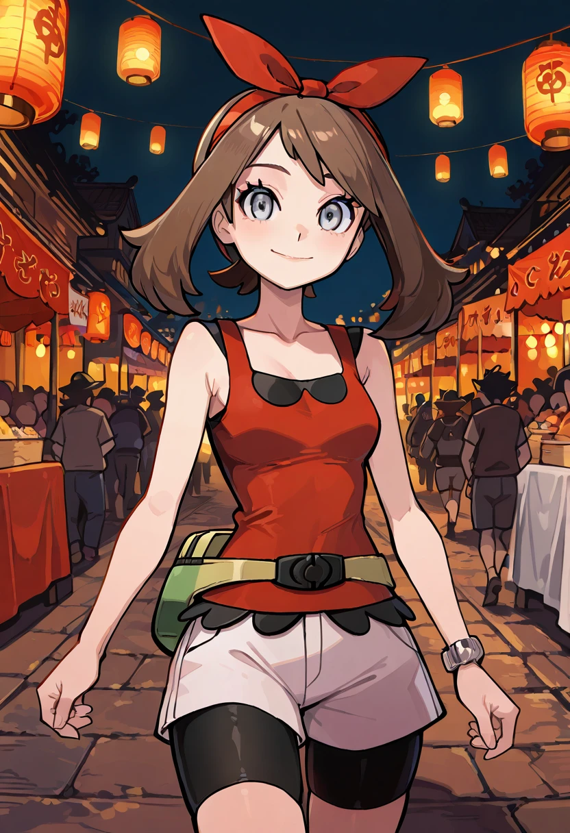 masterpiece, best quality, 1girl, solo, eyelashes, (beautiful eyes),      zzMayOras, blue eyes, brown hair, medium hair, red hairband,, red shirt, bracelet, sleeveless shirt, bike shorts, white shorts, fanny pack,  ,<lora:MayORASPokemon_IXL:1.0>,  ,[], festival, paper lanterns, night, walking, slight smile. She strolls through a lantern-lit street during a nighttime festival, The flicker of paper lanterns reflects in her grey eyes, and a faint smile touches her lips. Casual grace that turns heads amid the festive crowd. wave, looking at viewer, smile,