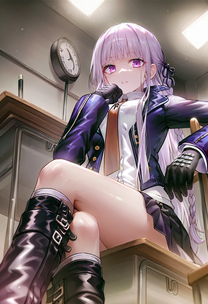 1girl, kirigiri kyouko, gloves, necktie, solo, long hair, skirt, sitting, braid, jacket, black gloves, shirt, bangs, ribbon, boots, hair ribbon, black skirt, from below, indoors, purple eyes, open clothes, white shirt, black ribbon, crossed legs, looking at viewer, open jacket, purple hair, pleated skirt, long sleeves, clock, collared shirt, desk, knee boots, black jacket, breasts, blunt bangs, black footwear, chair, side braid, shiny, single braid, miniskirt <lora:tokkyuXL_il1_lokr_V6311P:0.95>
