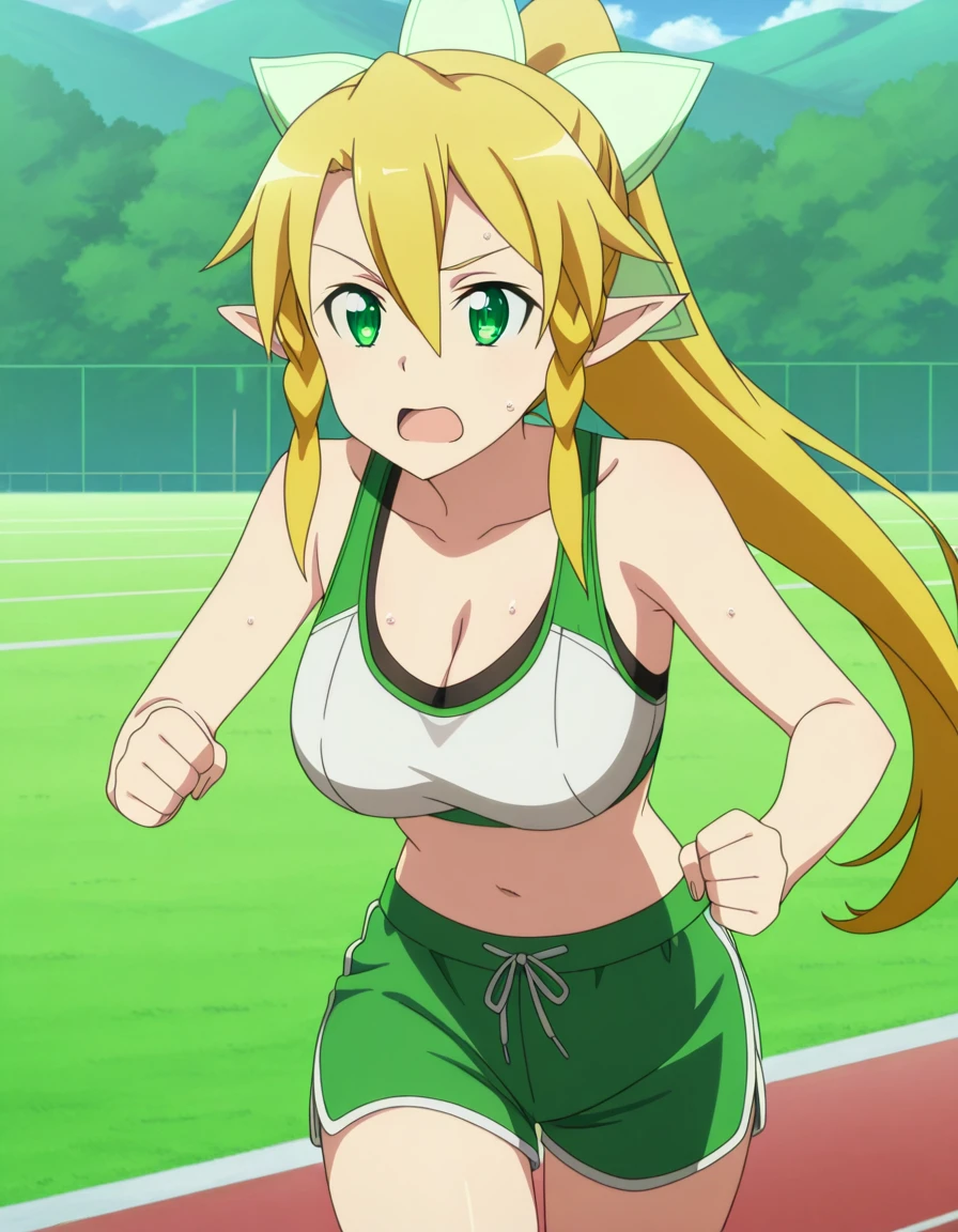 masterpiece, best quality, amazing quality,, <lora:suguha-kirigaya-s1-illustriousxl-lora-nochekaiser:1>, suguha kirigaya, leafa (sao), long hair, blonde hair, hair between eyes, green eyes, ponytail, braid, pointy ears, twin braids, mature female, breasts, anime screencap, <lora:dolphin-shorts-illustriousxl-lora-nochekaiser:1>, dolphin shorts, shorts, outdoors, running, sweat, open mouth, sports bra, cleavage, navel, midriff, ponytail, solo, cowboy shot,, , ,