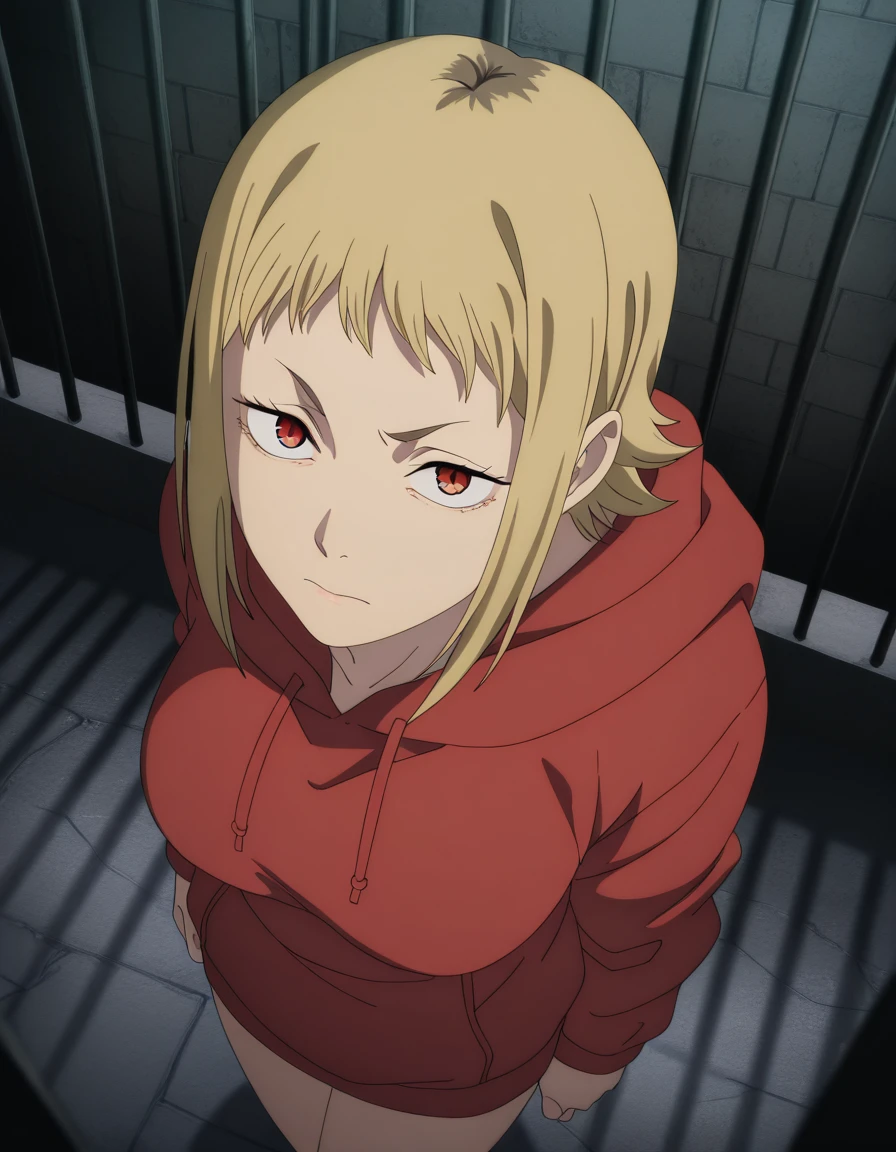 masterpiece, best quality, amazing quality,, <lora:akane-sawatari-s1-illustriousxl-lora-nochekaiser:1>, akane sawatari, sawatari akane, short hair, blonde hair, red eyes, mature female, medium breasts, anime screencap, hood, hoodie, red hoodie, hood down,, from above,, prison, bars, cells, guards, confined, cowboy shot, solo, looking at viewer