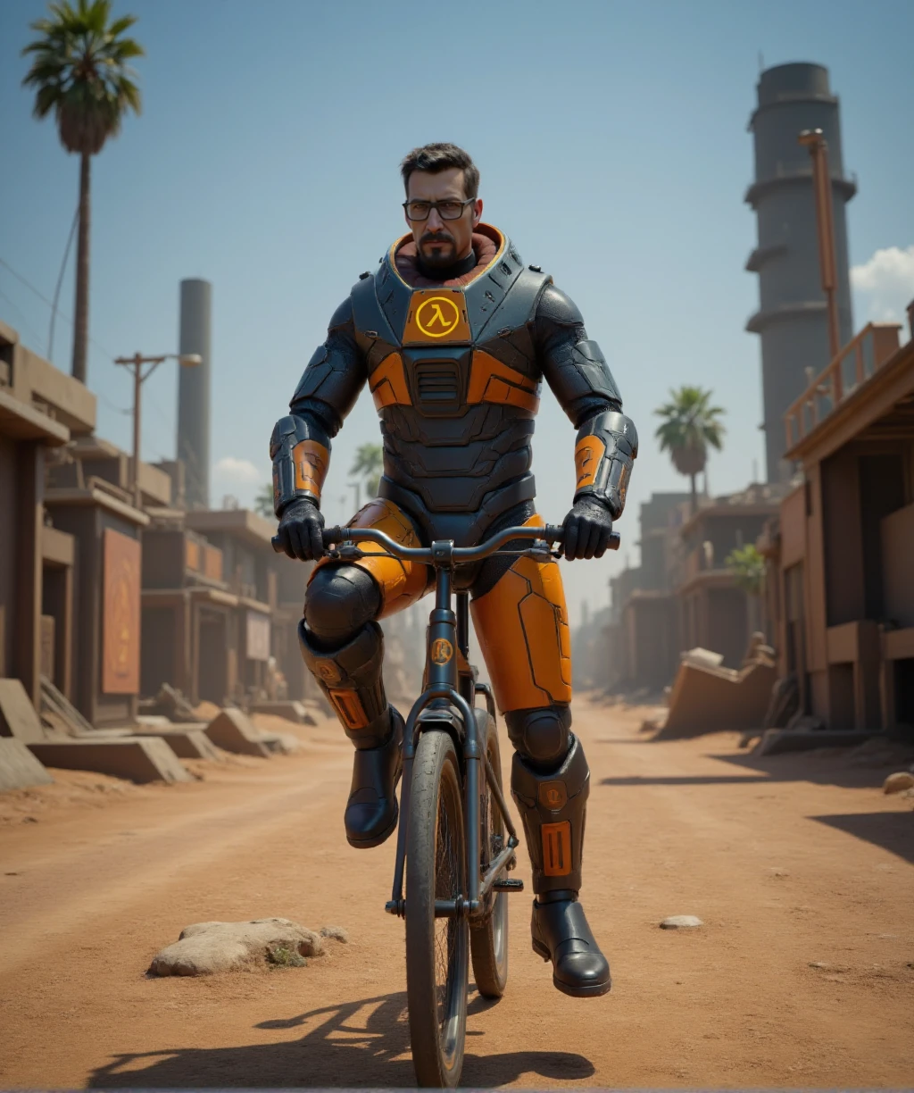 <lora:Gordon_Freeman:0.9> gordon freeman, a man with facial hair and glasses. he wears a science fiction armor and boots. He rides a bicycle in an Apocalyptic city desert background