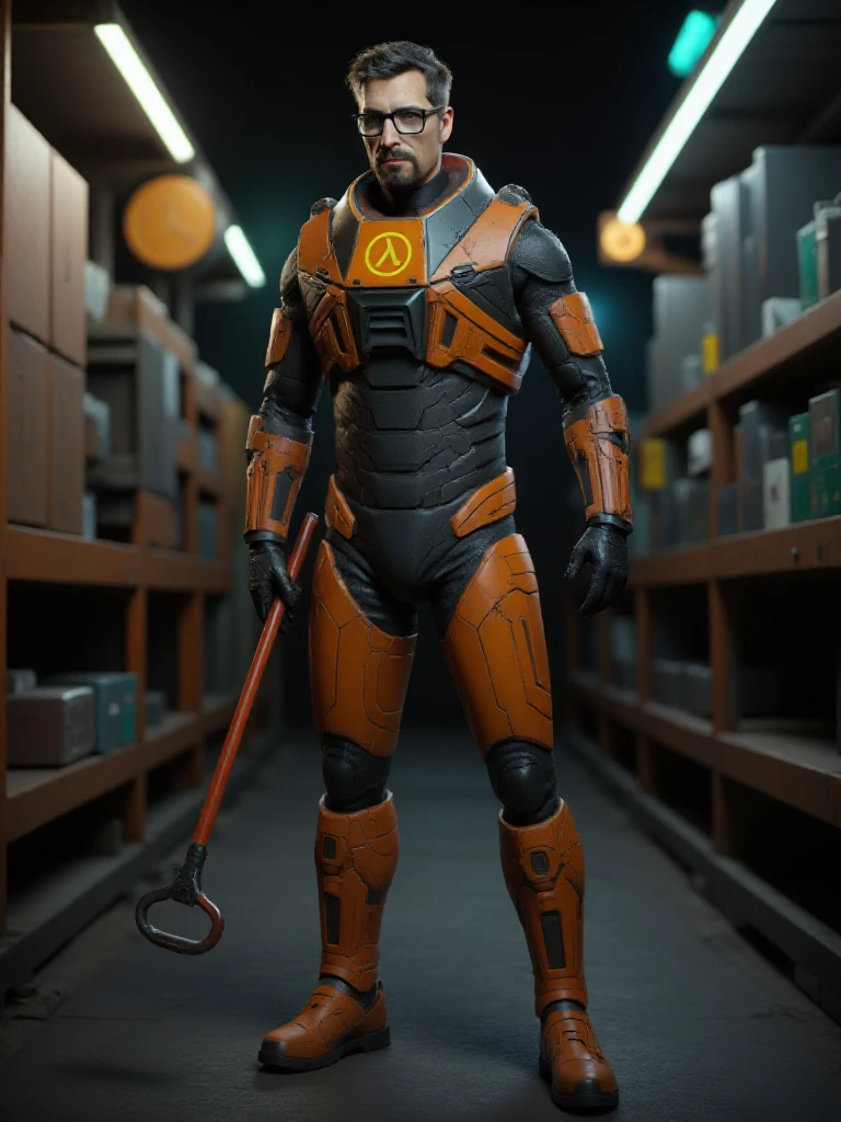 <lora:Gordon_Freeman:0.9> gordon freeman, a man with facial hair and glasses. he wears a science fiction armor and boots. he is in a homedepot choosing a crowbar
