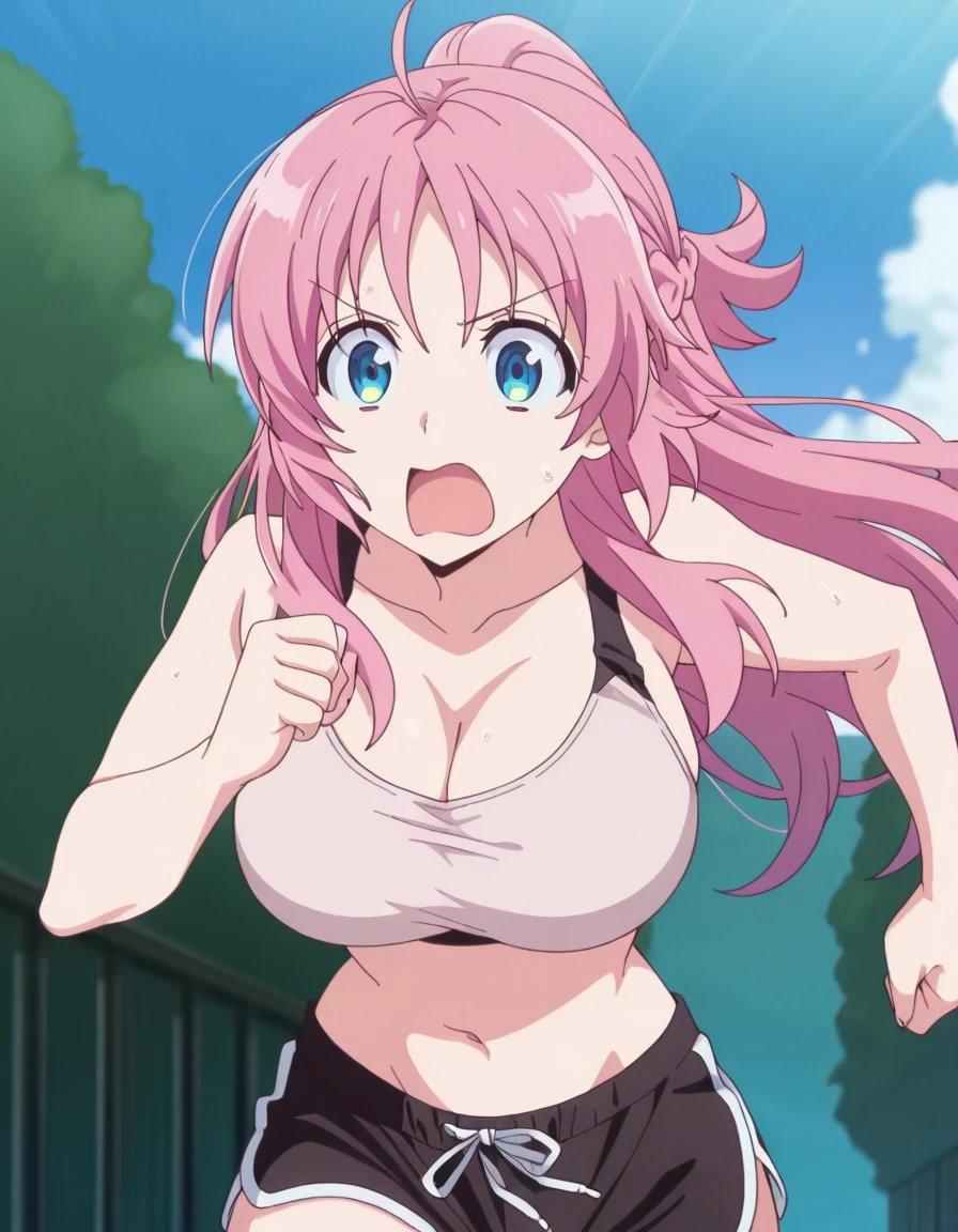 masterpiece, best quality, amazing quality,, <lora:atena-saotome-s1-illustriousxl-lora-nochekaiser:1>, atena saotome, long hair, blue eyes, pink hair, braid, ahoge, mature female, breasts, anime screencap, <lora:dolphin-shorts-illustriousxl-lora-nochekaiser:1>, dolphin shorts, shorts, outdoors, running, sweat, open mouth, sports bra, cleavage, navel, midriff, ponytail, solo, cowboy shot,, , ,