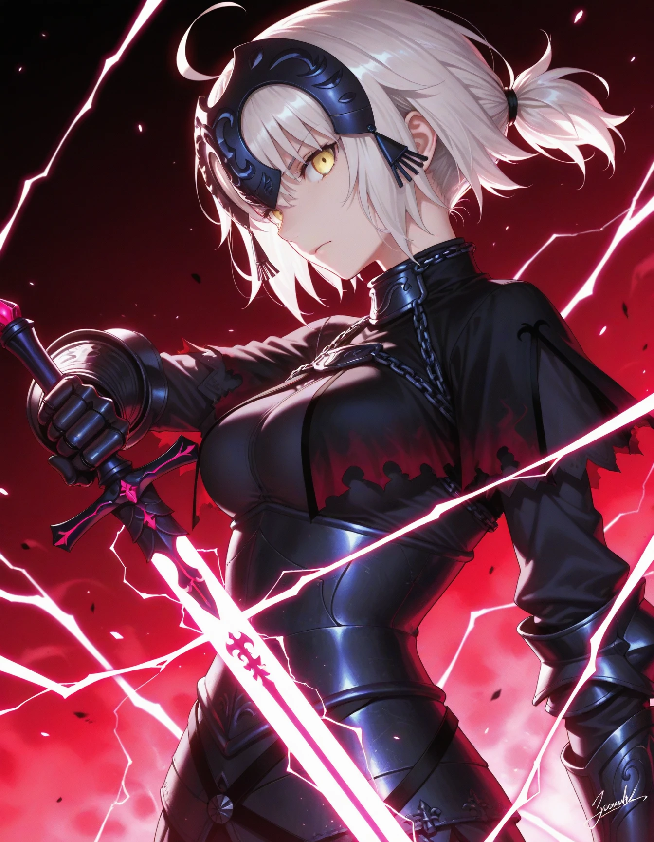 1girl, jeanne d'arc alter \(fate\),
movie quality, depth of field, focused subject, solo, holding weapon, official style, weapon, glowing, from side, sidelocks, looking at viewer, red theme, blurry, shoulder pads, breastplate, bodysuit, standing, serious, armor, sword, signature, electricity, dutch angle, ahoge, black bodysuit, holding sword, holding, closed mouth, gauntlets, upper body, glowing weapon, short ponytail, long sleeves, glowing sword,
masterpiece, best quality, very aesthetic
<lora:NoobV065sHyperDmd:1>