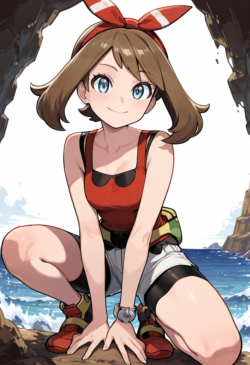 masterpiece, best quality, 1girl, eyelashes, (beautiful eyes), looking at viewer, smile, zzMayOras, blue eyes, brown hair, medium hair, red hairband, , red shirt, bracelet, sleeveless shirt, bike shorts, white shorts, fanny pack, solo, crouching pose, rocky cliffside, ocean waves â Balanced atop a rugged cliff, zzMayOras crouches low, her sleeveless red shirt rippling in the breeze, the crash of distant waves adding drama to the moment. (dynamic pose, foreshortening), ,<lora:MayORASPokemon_IXL:1.0>,