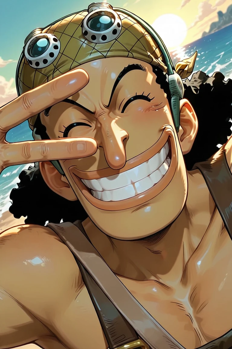 usopp-1male with long nose focus, black_usopp_hair, closed eyes, ^_^, expressive happy face, looking at viewer, grin, manly, shiny skin, v over eye, close-up, blurry outdoors island, dramatic lighting, bloom, dutch angle, dynmic angle, dynamic pose, masterpiece, best quality, amazing quality, very aesthetic, absurdres, newest, very awa