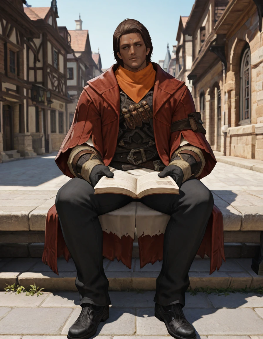 masterpiece, best quality, absurdres, newest, perfect quality, best quality, absolutely eye-catching, detailed background, intricate details, male focus, solo, realistic, <lora:FFXIV - Gaius - Illustrious-000005:0.7>, gaius_ffxiv, 1boy, mature male, dark skin, brown hair, medium hair, gray-green eyes, forehead mark, stubble, orange bandana, red long coat, armguards, gloves, leather vest, white shirt, belt, masks, black pants, black shoes, head tilt, outdoors, town, sitting, on stone bench, reading book