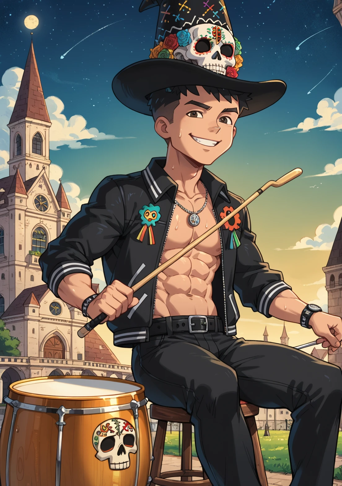 score_9, score_8_up, score_7_up, source_cartoon, Max_(Dragon Tales),  1boy, solo, aged up, teenager, sharp jawline, defined cheekbones, mature eyes,  ((tall, toned, broad shoulders)), ((abs, six-pack))  ((black hair, spikey hair)), brown eyes, smiling, cloud, outdoors, drumset, drums, sitting on stool, playing drums, black footwear, long legs, ((black sweat pants)), silver necklace, black sombrero, collared black jacket, long sleeved, zipper, black pouch, mexican clothes, dia de los muertos, sugar skulls, Mexico, clock tower, church, black belt, sitting, holding drumstick, music notes, night, starry sky, cloud, broad shoulders,  <lora:Max_Dragon_Tales-000010 (1):0.7>