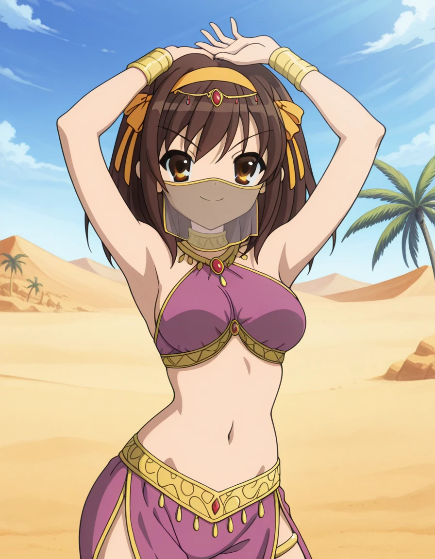 masterpiece, best quality, amazing quality,, <lora:haruhi-suzumiya-s1-illustriousxl-lora-nochekaiser:1>, haruhi suzumiya, short hair, brown hair, brown eyes, hairband, medium hair, ribbon, hair ribbon, mature female, breasts, anime screencap, <lora:harem-outfit-illustriousxl-lora-nochekaiser:1>, harem outfit, white veil, arabian clothes, neck ring, mouth veil, circlet, harem pants, thighlet, gold trim, dancer, smile, arms up, armpits, outdoors, desert, sand, palm tree, water, looking at viewer, solo, cowboy shot, , ,
