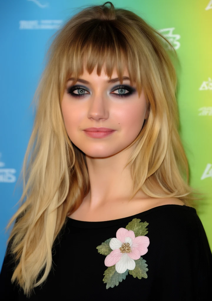 This is a high-resolution photograph of a young woman with long, wavy, blonde hair that cascades over her shoulders. Her hair has bangs that cover her forehead, framing her face. She has light skin with a few freckles visible, and she is wearing dark, smoky eye makeup that accentuates her blue eyes. Her lips are painted a natural shade. She is dressed in a black top or dress with a bold, floral brooch pinned to the center of her chest, featuring pink and white flowers with green leaves. The background is a vibrant, colorful gradient, with shades of blue, green, and yellow, indicating a possible event setting. The lighting is soft and even, highlighting her features without harsh shadows. The overall style of the photograph is modern and professional, capturing her in a candid yet polished manner. The image is sharp, with clear details of her facial expression and clothing.