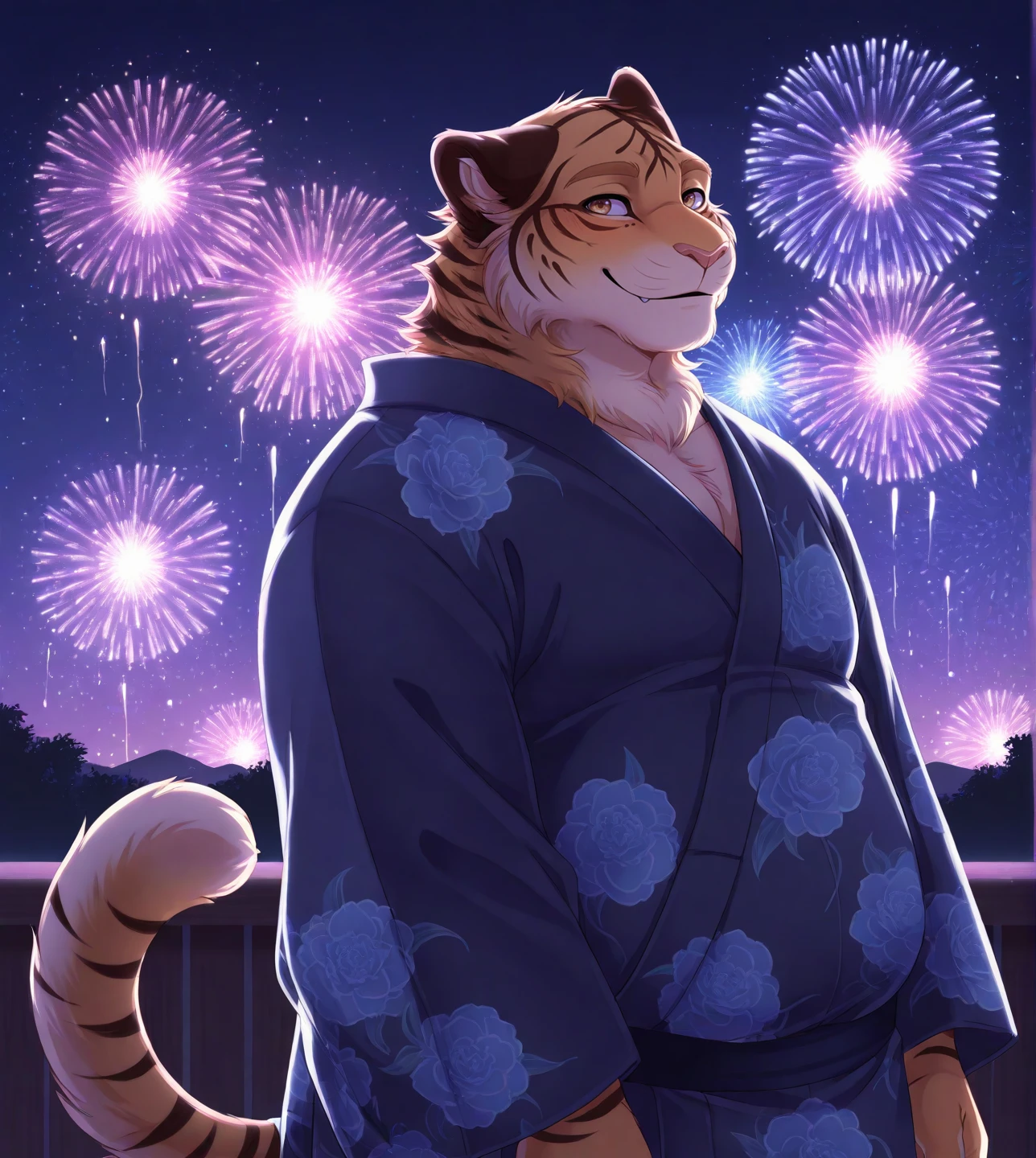 Rubien,((A slightly chubby teenager))Sit on the river embankment and watch the fireworks,Snow-white hair、Emerald green eyes、((Slightly fat))、mankind、Tiger Ears,Tigertail,Slight tiger stripes,Orcs,hairy pubic、a sense of mystery、A shy smile、Wearing a blue kimono is a little 、Wear white socks、Pose、individual、Alone、(male people、male)、Full body photo、The meat is cute、((The male))、fleshy feeling、Muscle lines、Fair skin、Libido boy