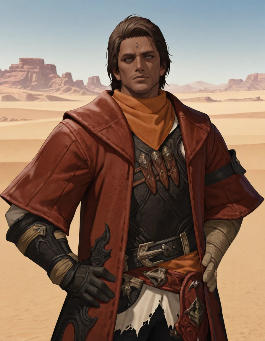 masterpiece, best quality, absurdres, newest, perfect quality, best quality, absolutely eye-catching, detailed background, intricate details, male focus, solo, realistic, <lora:FFXIV - Gaius - Illustrious-000005:0.7>, gaius_ffxiv, 1boy, mature male, dark skin, brown hair, medium hair, gray-green eyes, forehead mark, stubble, orange bandana, red long coat, armguards, gloves, leather vest, white shirt, belt, head tilt, outdoors, desert, hands on own hips, contrapposto, upper body