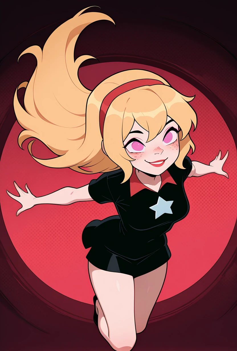 <lora:lucybig:1>, solo, lucybig, long hair, blonde hair, red hairband, pink eyes, lipstick, smile, short sleeves, star (symbol), short dress, black dress, freckles, red theme, dynamic pose,, masterpiece, best quality, amazing quality, very aesthetic, absurdres, newest,