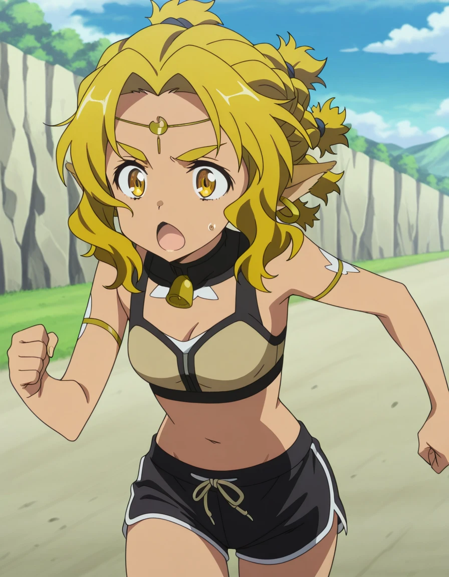 masterpiece, best quality, amazing quality,, <lora:alicia-rue-s1-illustriousxl-lora-nochekaiser:1>, alicia rue, short hair, blonde hair, animal ears, braid, pointy ears, yellow eyes, parted bangs, forehead jewel, mature female, small breasts, anime screencap, <lora:dolphin-shorts-illustriousxl-lora-nochekaiser:1>, dolphin shorts, shorts, outdoors, running, sweat, open mouth, sports bra, cleavage, navel, midriff, ponytail, solo, cowboy shot,, , ,