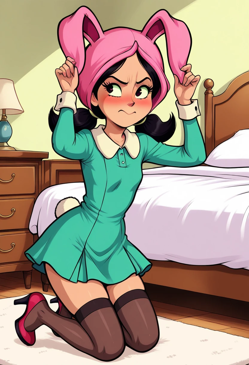 Olivia, short black hair, hair bow, yellow eyes, green dress, white pantyhose, looking at viewer, serious, smug smile, lying, prone, on stomach, on large bed, feet, bedroom, from_below, soft lighting, high quality, masterpiece, <lora:Olivia:.8>