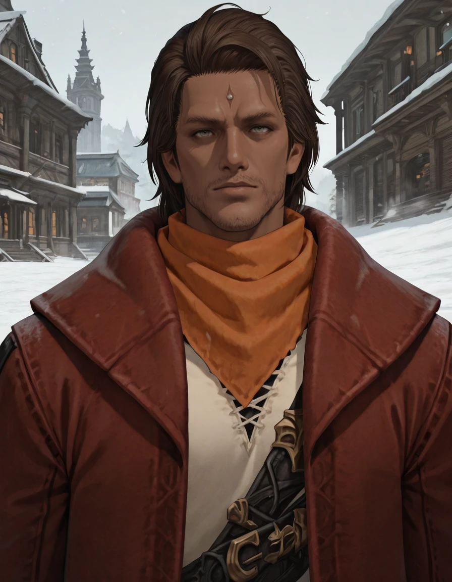 masterpiece, best quality, absurdres, newest, perfect quality, best quality, absolutely eye-catching, detailed background, intricate details, male focus, solo, realistic, <lora:FFXIV - Gaius - Illustrious-000005:0.7>, gaius_ffxiv, 1boy, mature male, dark skin, brown hair, medium hair, gray-green eyes, forehead mark, stubble, orange bandana, red long coat, white shirt, head tilt, outdoors, snow, standing, contrapposto, portrait, building, head tilt