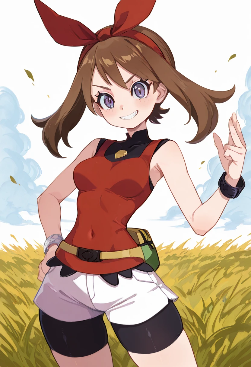 masterpiece, best quality, 1girl, eyelashes, (beautiful eyes), looking at viewer, smile, narrow waist, wide hips, zzMayOras, red shirt, bracelet, sleeveless shirt, bike shorts, white shorts, fanny pack, solo, action pose, grassy field, dynamic jump â zzMayOras leaps high over a sunlit meadow, her red shirt fluttering, fanny pack bouncing against her hip, a wide adventurous grin on her face. (dynamic pose, foreshortening), ,<lora:MayORASPokemon_IXL:1.0>, , smile, looking at viewer, cowboy shot, <lora:HaradaTakehitoIXL_v3:0.8>, <lora:ZankuroIXLLight_v2:0.3>,