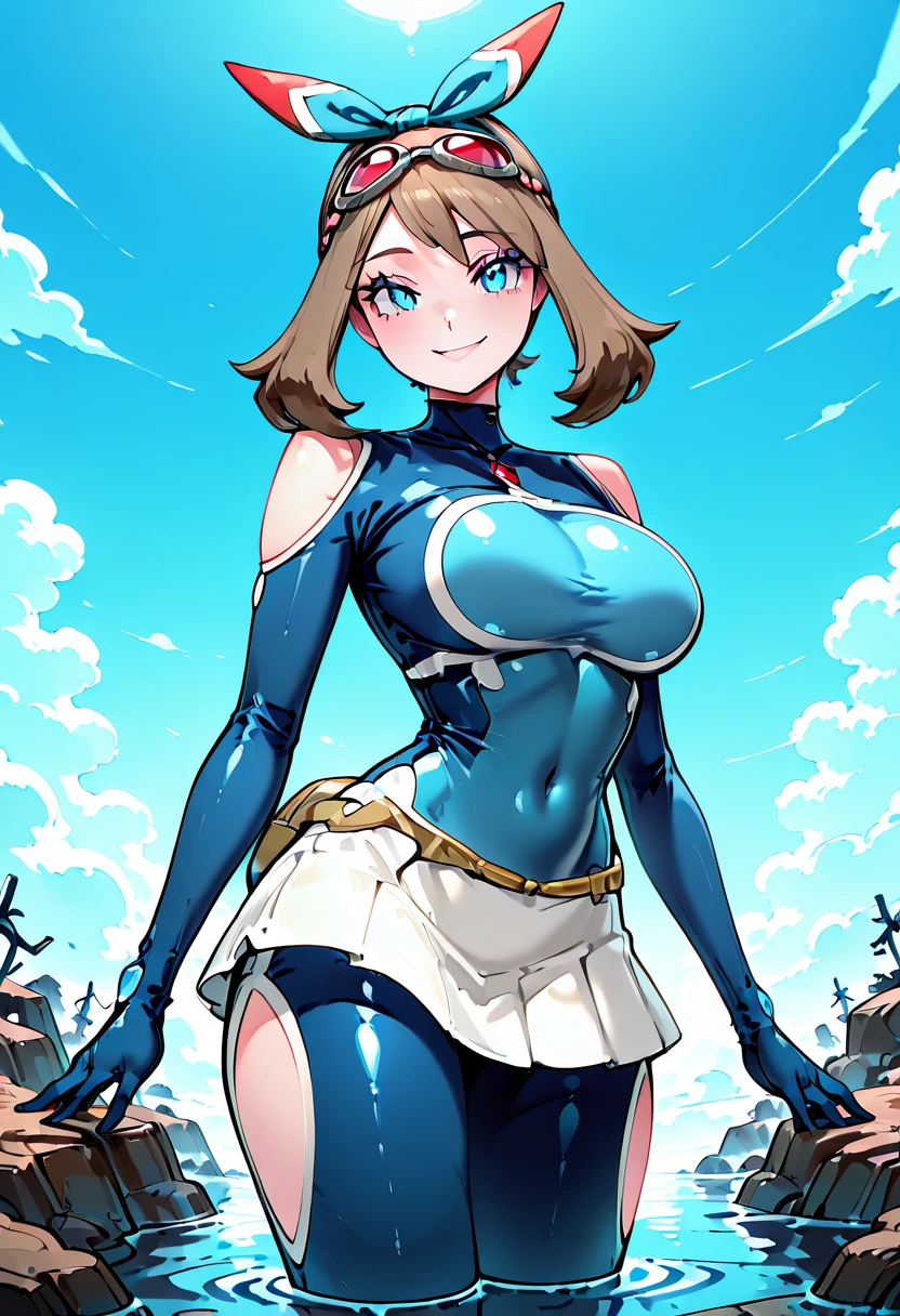master-piece, bestquality, 1girls,16 years old, View viewers from front, HD, slight smile, big tits, cleavage, tights cloth, , tiny body, leaning forward, outdoor, mountain, wear glasses, under tits cleavage, look down, stand up, blue bodysuit, samus aran, wide hips,