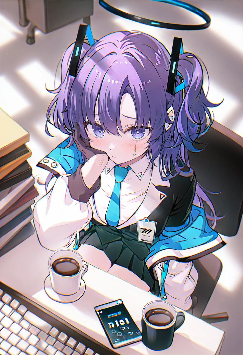 1girl, yuuka \(blue archive\), necktie, solo, jacket, halo, purple hair, phone, cup, gloves, shirt, skirt, coffee, purple eyes, white shirt, sitting, blue necktie, cellphone, keyboard \(computer\), id card, blush, desk, jacket partially removed, pleated skirt, looking at viewer, two side up, black gloves, collared shirt, off shoulder, coffee mug, bangs, mug, hand on own face, open jacket, smartphone, open clothes, long sleeves, black skirt, long hair, half gloves, two-tone jacket, parted bangs, white jacket, multicolored jacket, hand on own cheek, hair ornament, black jacket, miniskirt, closed mouth <lora:tokkyuXL_il1_lokr_V6311P:0.95>