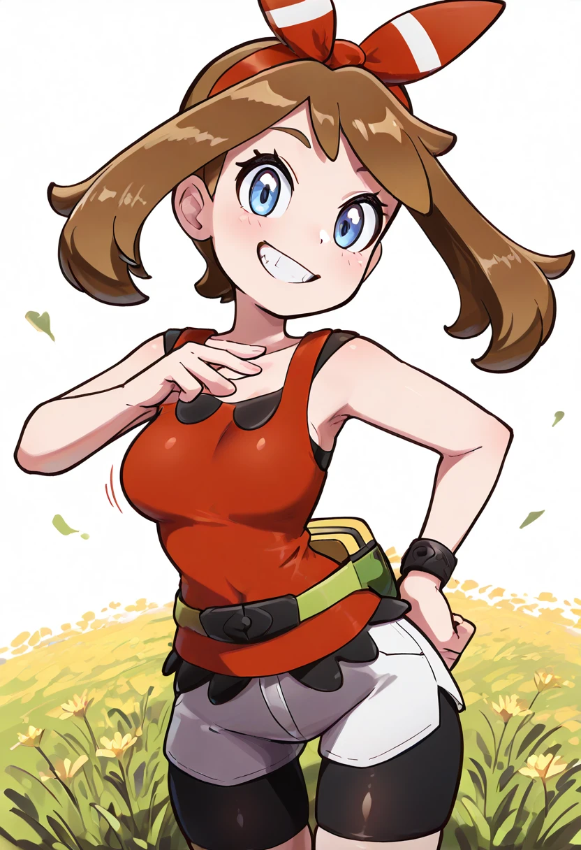 (masterpiece, best quality, good quality, very aesthetic, absurdres, newest:1.2), (curvy, medium breasts), zzMayOras, blue eyes, brown hair, medium hair, red hairband, red shirt, bracelet, sleeveless shirt, bike shorts, white shorts, fanny pack, solo, action pose, grassy field, dynamic jump â zzMayOras leaps high over a sunlit meadow, her red shirt fluttering, fanny pack bouncing against her hip, a wide adventurous grin on her face. ,<lora:MayORASPokemon_IXL:1.0>, , smile, looking at viewer, cowboy shot, ,<lora:theOtherHalfNAI:0.8>,