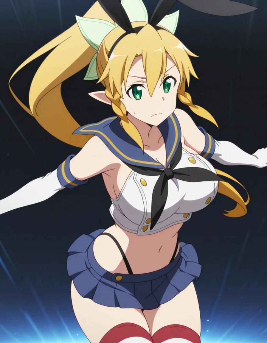 masterpiece, best quality, amazing quality,, <lora:suguha-kirigaya-s1-illustriousxl-lora-nochekaiser:1>, suguha kirigaya, leafa (sao), long hair, blonde hair, hair between eyes, green eyes, ponytail, braid, pointy ears, twin braids, mature female, breasts, anime screencap, <lora:shimakaze-cosplay-illustriousxl-lora-nochekaiser:1>, shimakaze cosplay, shimakaze (cosplay), highleg panties, black neckerchief, microskirt, striped thighhighs, highleg, black panties, elbow gloves, thong, blue sailor collar, white gloves, crop top, sailor collar, blue skirt, black hairband, bunny ears,, <lora:dynamic-pose-illustriousxl-lora-nochekaiser:1>, dynamic pose, midair, cowboy shot, ,