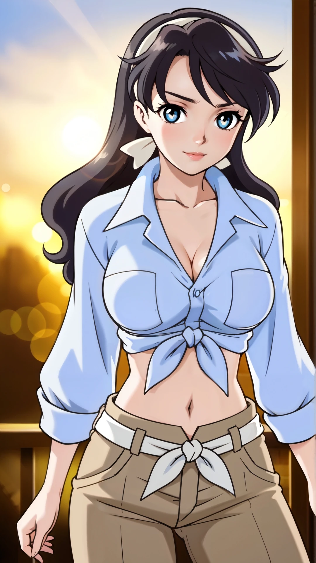 masterpiece, best quality, kumashiro maya, 1girl, solo, (skirt lift:1.2), breasts, cleavage, long hair, white headband, parted bangs, blue eyes, looking at viewer, sweat, large breasts, collared shirt, tied shirt, pleated skirt, flashy gyaru, happy, showy,too many accessories, colorful , kogal, kogal gyaru, necklace, earrings, bracelet, bra, handbag, (cameltoe), navel, midriff, (makeup)