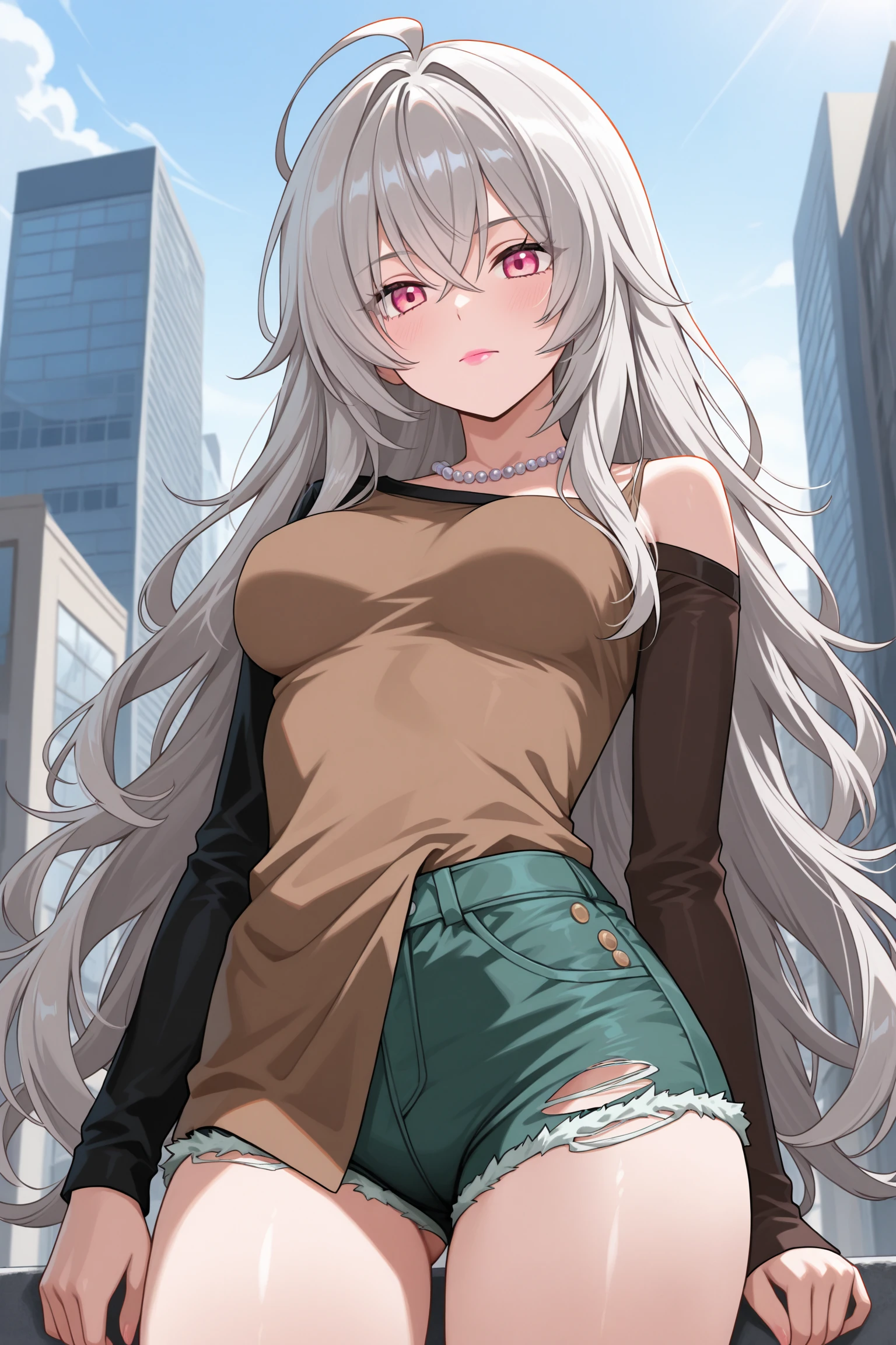 (Highest quality, High resolution, Very detailed), Silver Hair, Long Hair, Reddish brown eyes, sweater dress, lace thong, Large Breasts, Perfect Makeup, 24th generation, Beautiful woman, mature, quiet, Calm, A small smile, city Street,