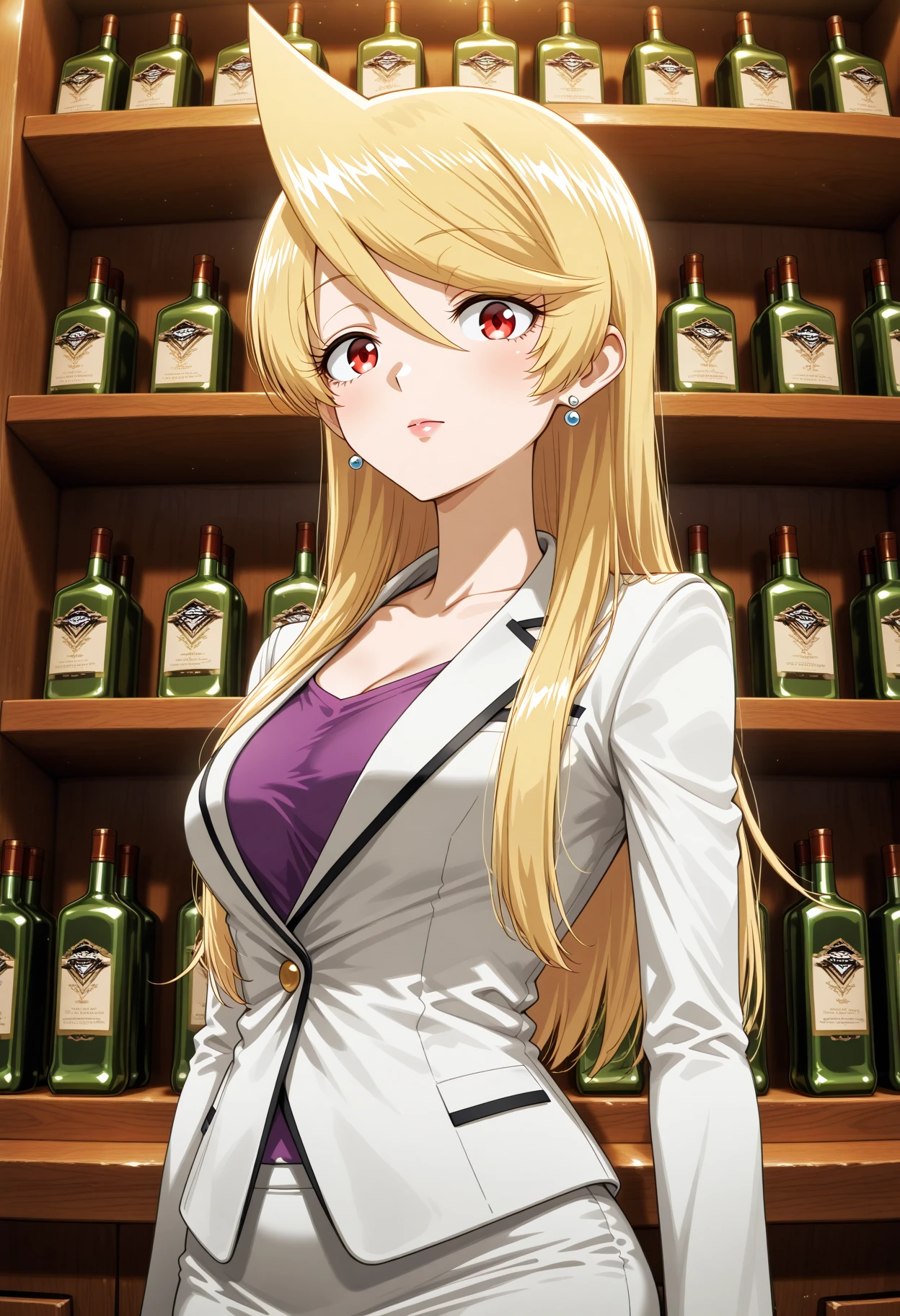 masterpiece, best quality, 1girl, solo, long hair, breasts, smile, bangs, blonde hair, shirt, red eyes, cleavage, jewelry, collarbone, jacket, earrings, swept bangs, formal, bottle, suit, lipstick, alcohol, bar (place) <lora:akemiSB:0.7>