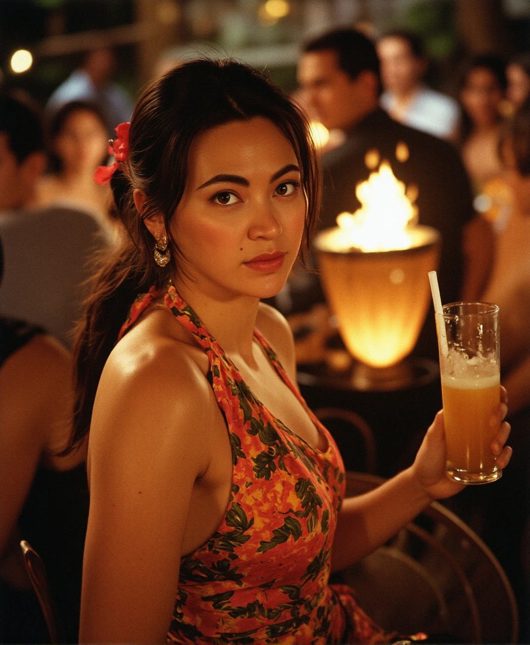 score_9, score_8_up, score_7_up, (8k, RAW photo, best quality, depth of field, ultra high res:1.2), (intricate, photorealistic, masterpiece, ultra-detailed), dynamic lighting,young girl in an outdoor restaurant overlooking the ocean, table has food and drinks, candles, vibrant colors, she is styling with a Hawaiian dress, detailed expressive eyes, bright mood lighting