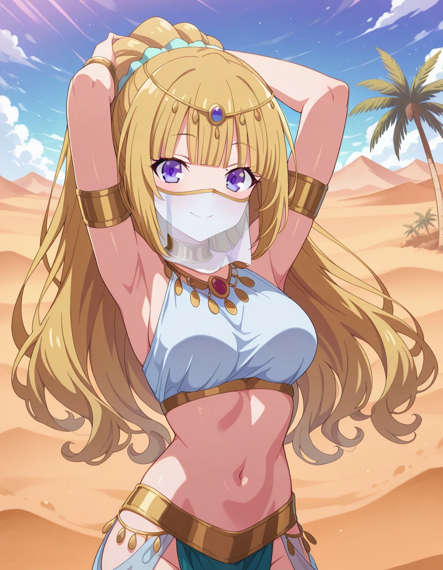 masterpiece, best quality, amazing quality,, <lora:kei-karuizawa-s2-v1-illustriousxl-lora-nochekaiser:1>, kei karuizawa, long hair, bangs, blunt bangs, purple eyes, blonde hair, shirt, hair ornament, ponytail, scrunchie, blue scrunchie, medium breasts,, <lora:harem-outfit-illustriousxl-lora-nochekaiser:1>, harem outfit, white veil, arabian clothes, neck ring, mouth veil, circlet, harem pants, thighlet, gold trim, dancer, smile, arms up, armpits, outdoors, desert, sand, palm tree, water, looking at viewer, solo, cowboy shot, , ,