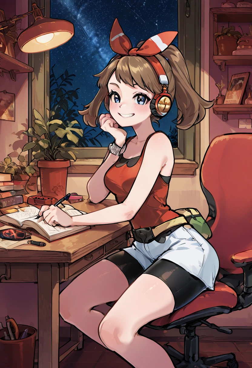 masterpiece, best quality, 1girl, eyelashes, (beautiful eyes), looking at viewer, smile, narrow waist, wide hips, zzMayOras, red shirt, bracelet, sleeveless shirt, bike shorts, white shorts, fanny pack, solo, action pose, grassy field, dynamic jump â zzMayOras leaps high over a sunlit meadow, her red shirt fluttering, fanny pack bouncing against her hip, a wide adventurous grin on her face. (dynamic pose, foreshortening), ,<lora:MayORASPokemon_IXL:1.0>, , zzLofi, sitting, side view, desk, chair, book, bookshelf, head rest, holding, holding pen, lamp, night, open book, pen, plant, potted plant, sky, star (sky), starry sky, window, windowsill, writing, <lora:LofiGirl_Style_IXL:0.8>,