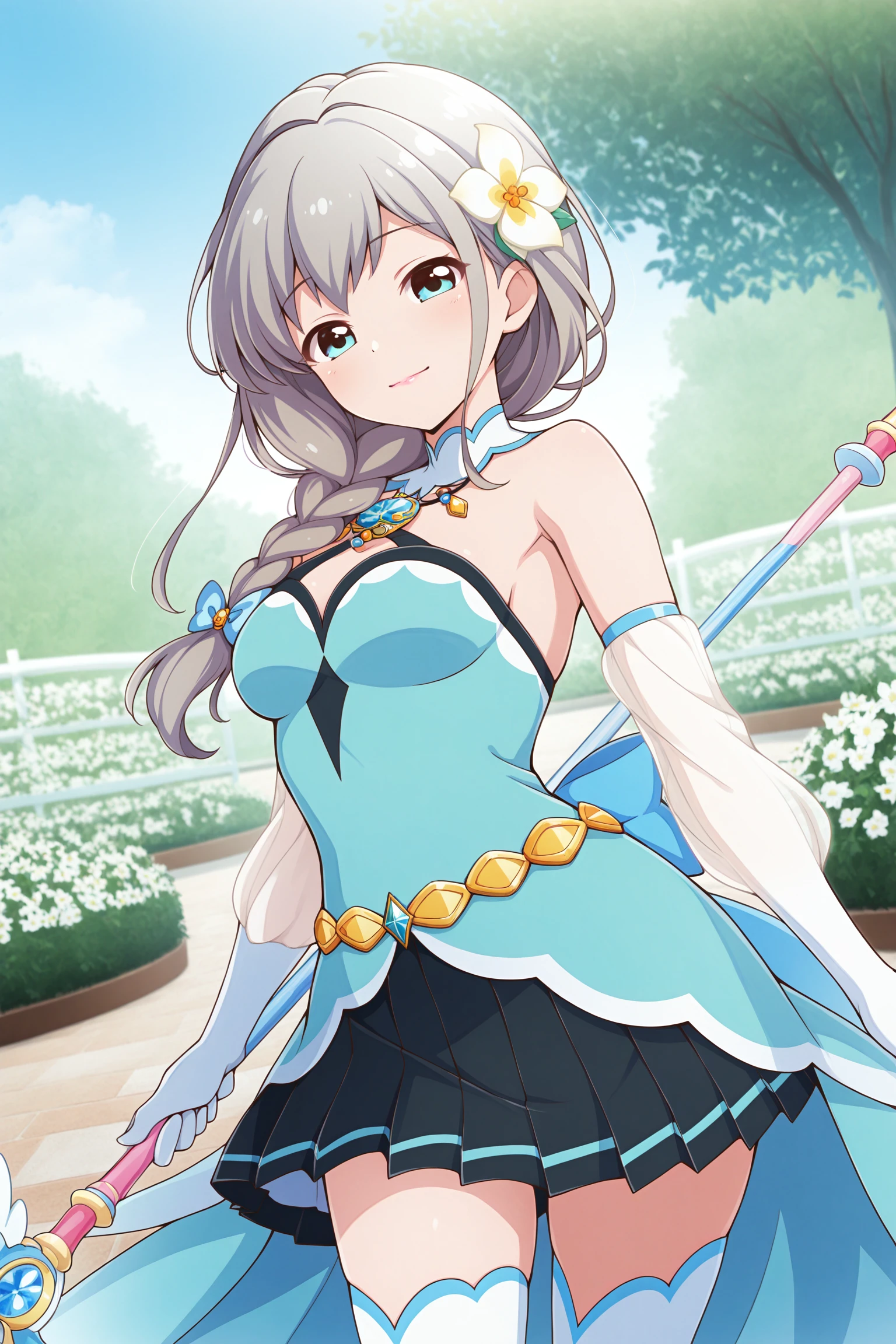 masterpiece, best quality, very aesthetic, narumiharuka, outfit3, magical girl, solo, outdoors, garden, grey hair, gem brooch, hair flower, side braid, hair blue bow, bangs, hair over shoulder, long hair, aqua eyes, medium breasts, gem necklace, white flower, bare shoulders, aqua bodysuit, see-through sleeves, white gloves, elbow gloves, holding polearm, gold belt, black skirt, pleated skirt, white thighhighs, light smile, closed mouth, :), pink lips, <lora:Narumi-Haruka:0.7>