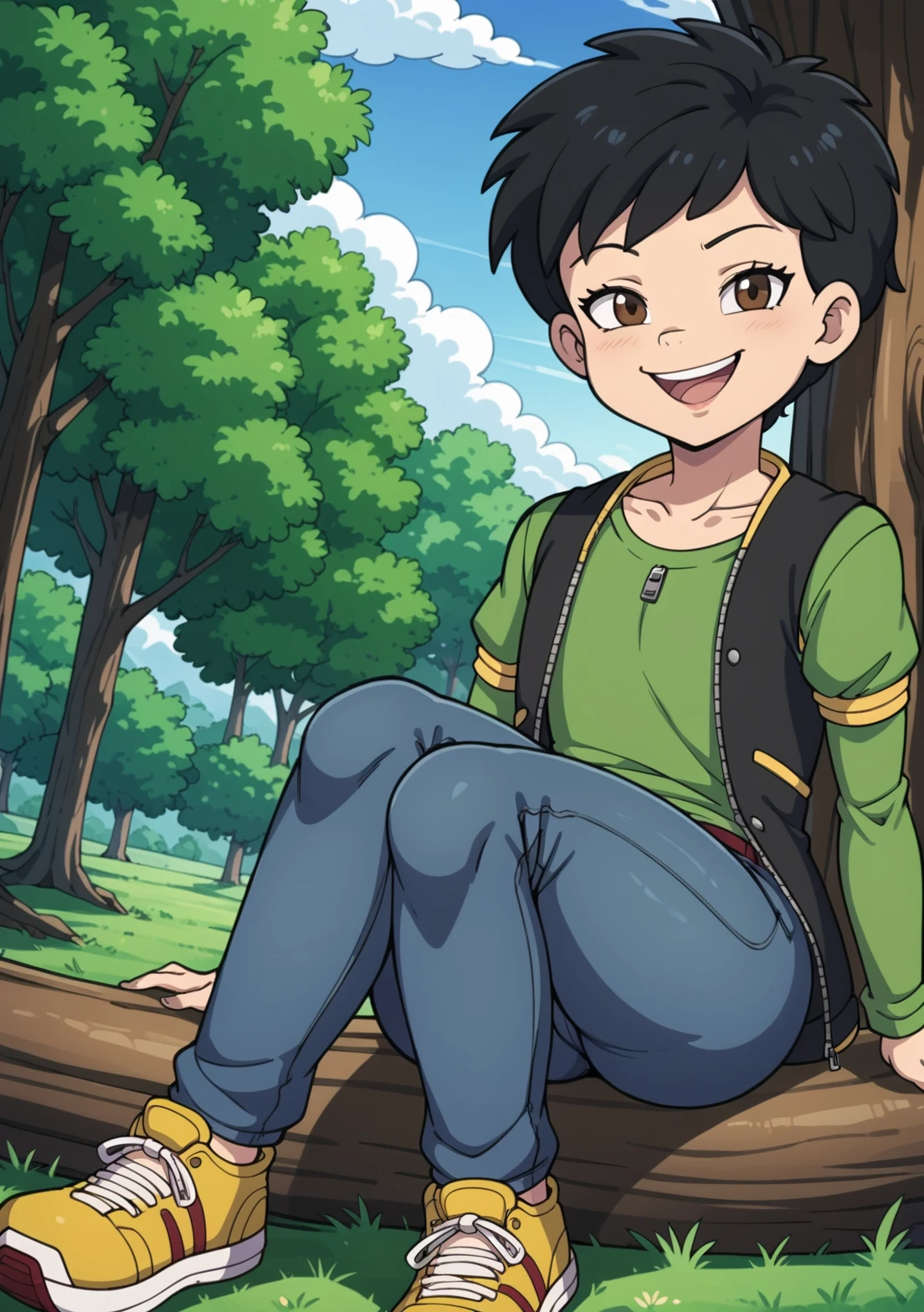 score_9, score_8_up, score_7_up, source_anime, BREAK, Max_(Dragon Tales), Max, 1boy, solo, aged up, collarbone, femboy, hips, @Whiplashaarts,BlackWhiplash,BlackWhiplash Style, black hair, brown eyes, smile, smug, open mouth, teeth, looking at viewer, pov,  short sleeves, forest, sky,  cloud, cloud shadows, tree, crossing legs, laying on tree, tree, dark golden footwear, dark golden sneakers, shoes, pants, blue pants, jeans, (bright green shirt, long sleeve shirt),  black vest, zipper, large yellow buttons, punk,<lora:Max_Dragon_Tales-000010 (1):0.7> <lora:BlackWhiplash__Whiplashaarts_XL:0.5>