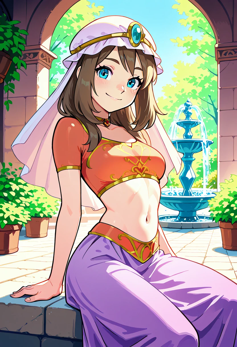masterpiece, best quality, 1girl, eyelashes, (beautiful eyes), looking at viewer, smile, zzMayAra, alternate costume, arabian clothes, midriff, navel, skirt, hat, solo, lounging pose, palace courtyard, marble fountain, lush greenery, peaceful smile â Resting beside a marble fountain in a palace courtyard, zzMayAra's relaxed pose highlights her shimmering arabian outfit, the lush garden casting dappled shadows around her. (dynamic pose, foreshortening), ,<lora:MayArabianClothesPokemon_IXL:0.8>,