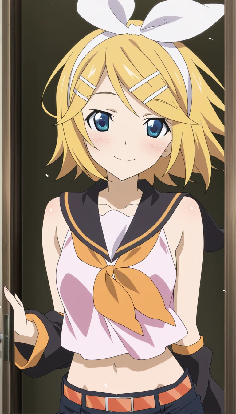(masterpiece),best quality,amazing quality,very aesthetic,absurdres,newest,perfect body,shiny skin,perfect eyes,detail1eye,well-defined fingers,well-defined fingernails,anime style,indoors,1girl,solo,upper body,(portrait:1.5),looking at viewer,facing viewer,smile,blush,Infinite Stratos style,kagamine rin,short hair,blonde hair,floating hair,white hairband,hair bow,white bow,hairclip,swept bangs,blue eyes,collarbone,bare shoulders,black sailor collar,white shirt,sleeveless shirt,crop top,midriff,yellow neckerchief,black sleeves,detached sleeves,medium breasts,navel,stomach,orange belt,fringe,short shorts,black shorts,leg warmers,white footwear,<lora:Kagamine Rin(voc)-Illus-Remake:1.6>,<lora:Infinite Stratos anime[style]-Illus:2>,