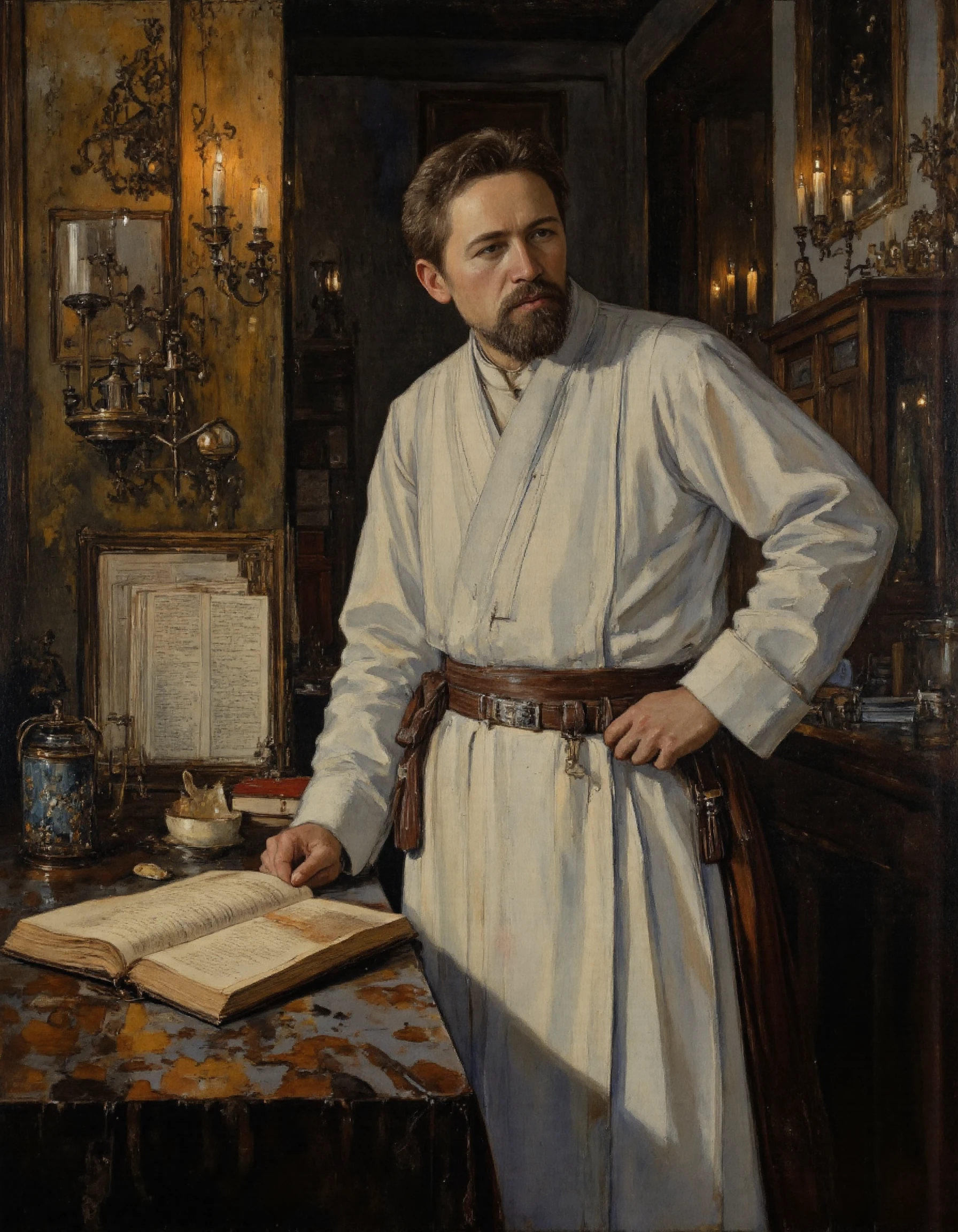 Rembrandt style, <lora:Dark_Ghibli:0.6>, Anton Chekhov reimagined as a Jedi Healer in the style of Kyle Katarn, calm and observant, wearing a light gray Jedi tunic, standing beside a medical table with bacta tank and ancient manuscripts, background showing a mix of provincial Russian town and Naboo architecture, Rembrandt-inspired chiaroscuro lighting, warm candle-like glow with deep shadows, oil painting texture, subtle symbolism, philosophical depth, cinematic framing, high detail, masterpiece-level realism --ar 3:4 --style raw --stylize 650, . Baroque, chiaroscuro, realistic, emotional, "flat, <lora:ЧÐÐ¥ÐÐ:1>, lighting