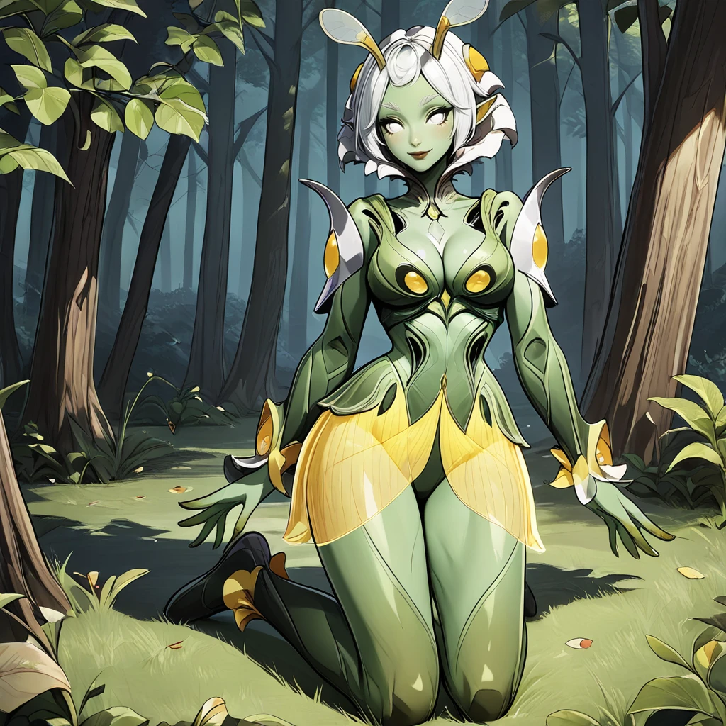 masterpiece, high quality, absurdres, best quality, very aesthetic, newest, 1girl, solo,, M4NTISFM, 1girl, solo,  colored skin, green skin, monster girl, plant girl, yellow skirt, leaf skirt, antennae,see-through, white eyes, pupilless,, hyperrealistic art of full body shot, large breast, cleavage, forest. extremely high-resolution details, photographic, realism pushed to extreme, fine texture, incredibly lifelike,