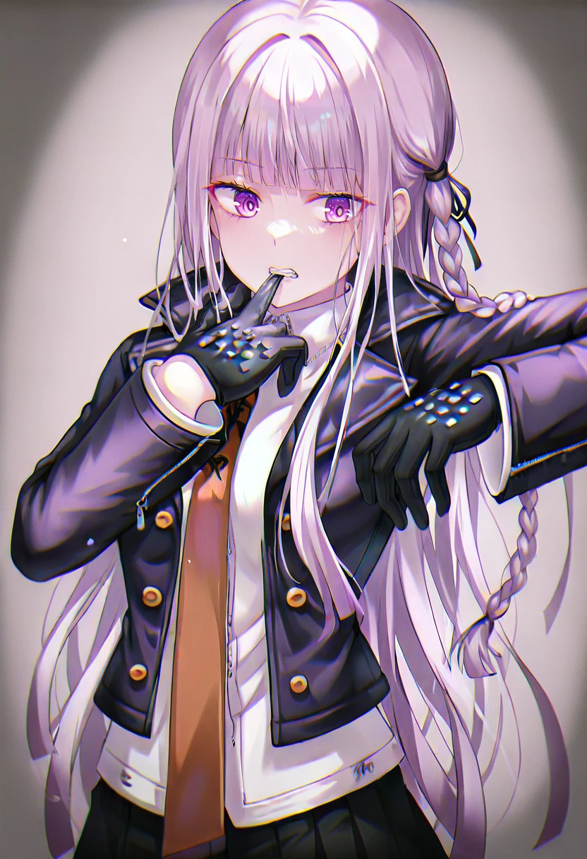 1girl, kirigiri kyouko, gloves, solo, long hair, jacket, necktie, skirt, braid, black gloves, bangs, shirt, purple eyes, biting, ribbon, hair ribbon, glove biting, black skirt, black ribbon, open clothes, long sleeves, open jacket, pleated skirt, side braid, white shirt, collared shirt, black jacket, purple hair, teeth, single braid, shiny, shiny hair, cowboy shot, clenched teeth <lora:tokkyuXL_il1_lokr_V6311P:0.95>