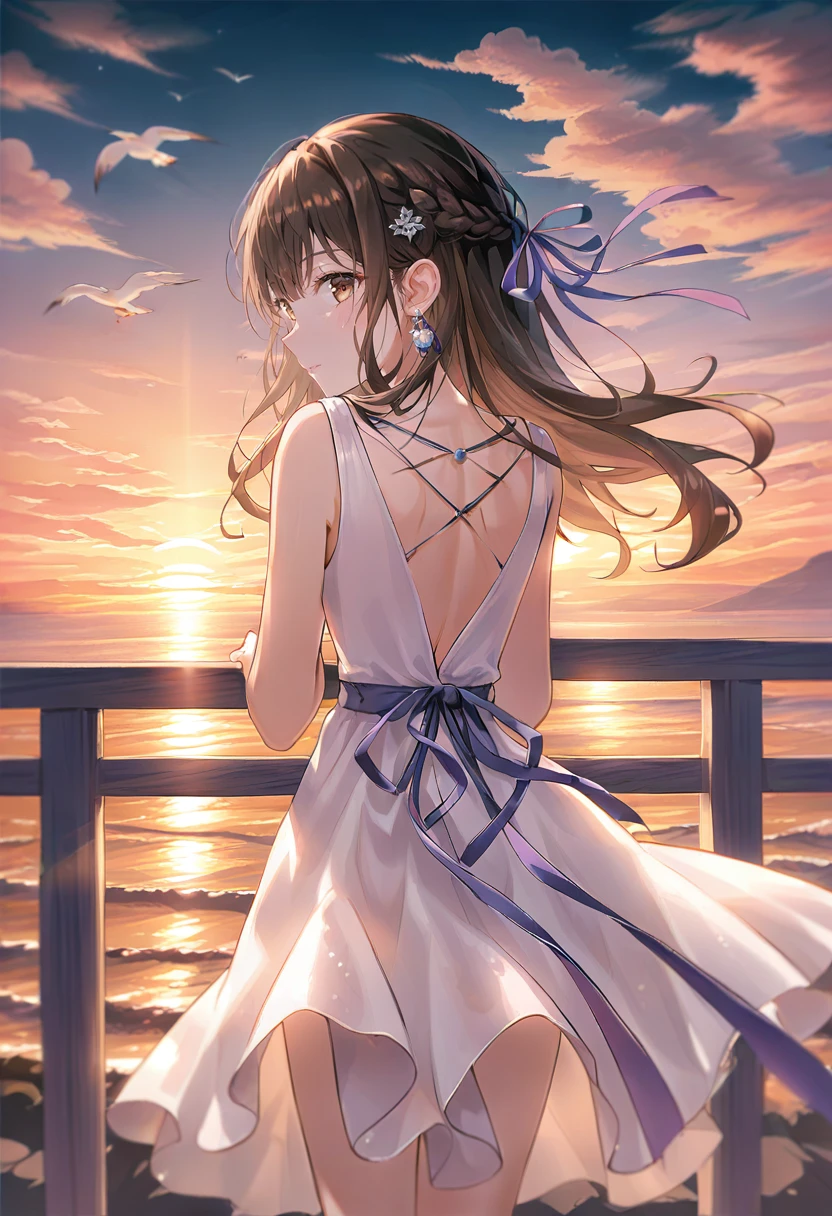 1girl, dress, bird, solo, long hair, white dress, outdoors, looking at viewer, looking back, ribbon, hair ribbon, sunset, brown eyes, sleeveless, sky, ocean, sleeveless dress, cloud, blue ribbon, jewelry, bare shoulders, bangs, black hair, earrings, standing, water, backless dress, braid, railing, brown hair, from behind, hair ornament, purple ribbon <lora:tokkyuXL_il1_lokr_V6311P:0.95>