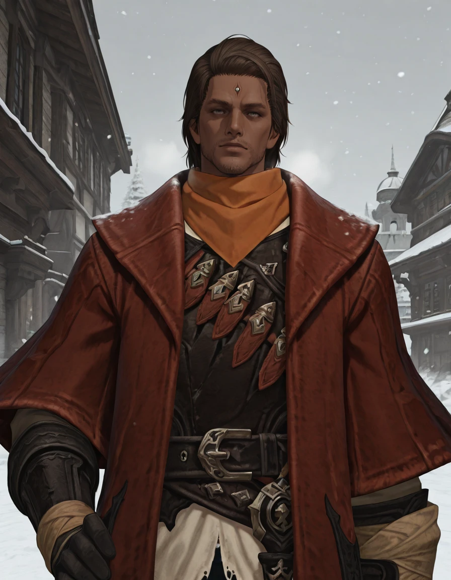 masterpiece, best quality, absurdres, newest, perfect quality, best quality, absolutely eye-catching, detailed background, intricate details, male focus, solo, realistic, <lora:FFXIV - Gaius - Illustrious-000005:0.7>, gaius_ffxiv, 1boy, mature male, dark skin, brown hair, medium hair, gray-green eyes, forehead mark, stubble, orange bandana, red long coat, armguards, gloves, leather vest, white shirt, belt, head tilt, outdoors, snow, standing, contrapposto, upper body, building, hand on hip